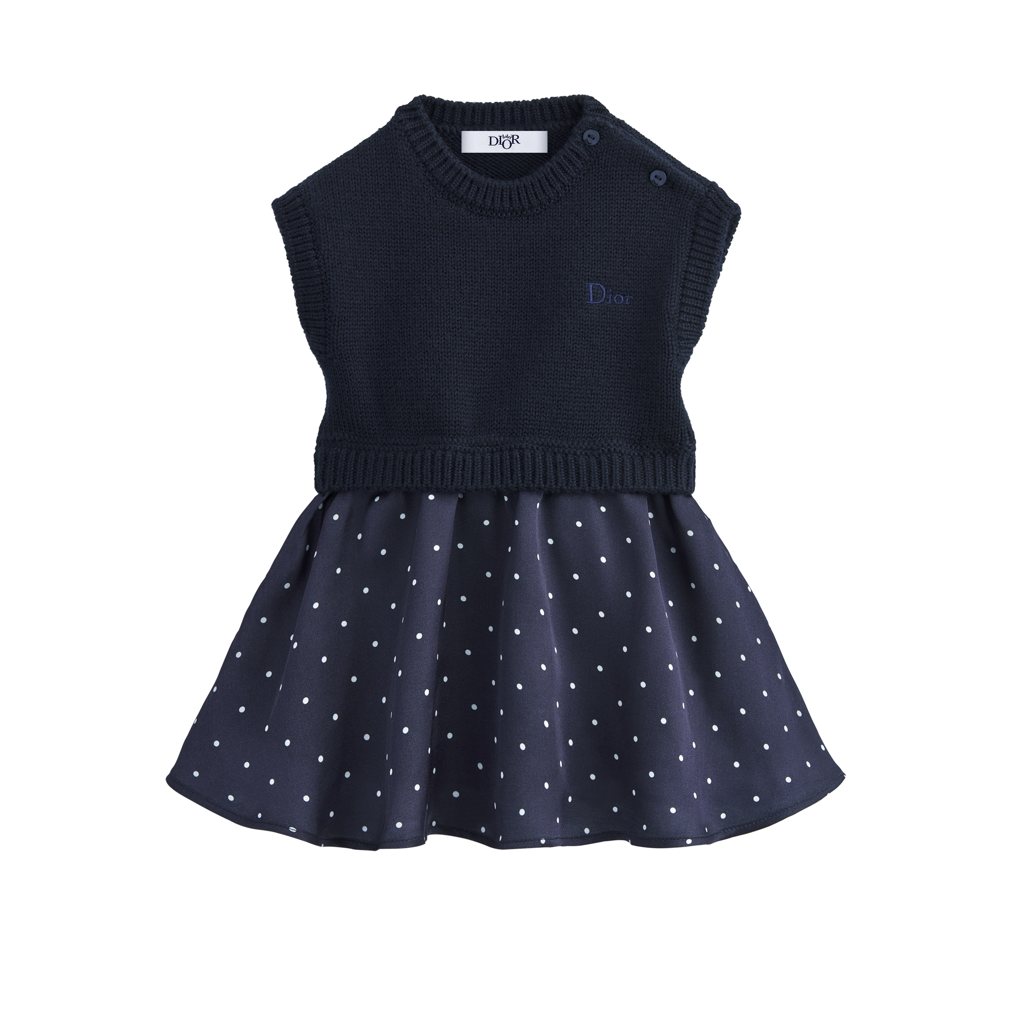 Baby Flared Dress Navy Blue Wool Knit and Navy Blue Polka Dot Satin E01