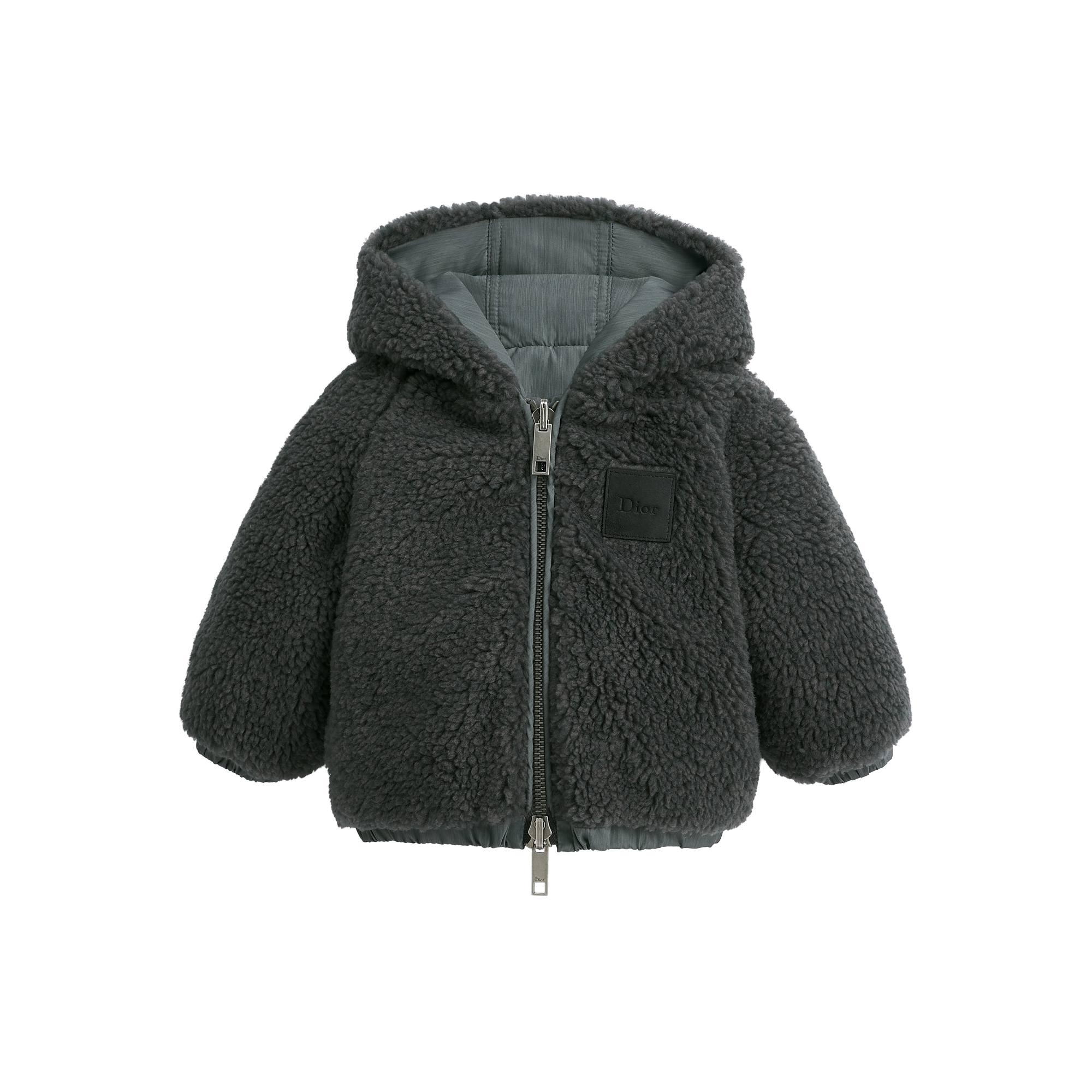 Baby Reversible Hooded Jacket Deep Gray Bouclé and Gray Water-Repellent Technical Fabric E01