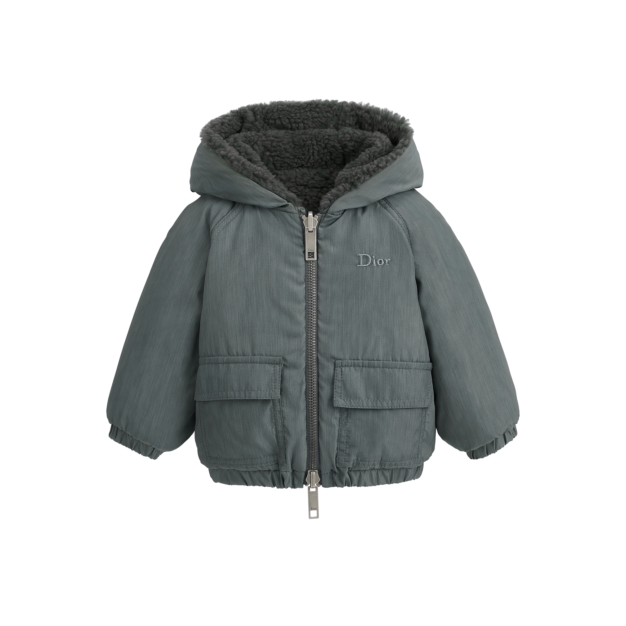 Baby Reversible Hooded Jacket Deep Gray Bouclé and Gray Water-Repellent Technical Fabric E10