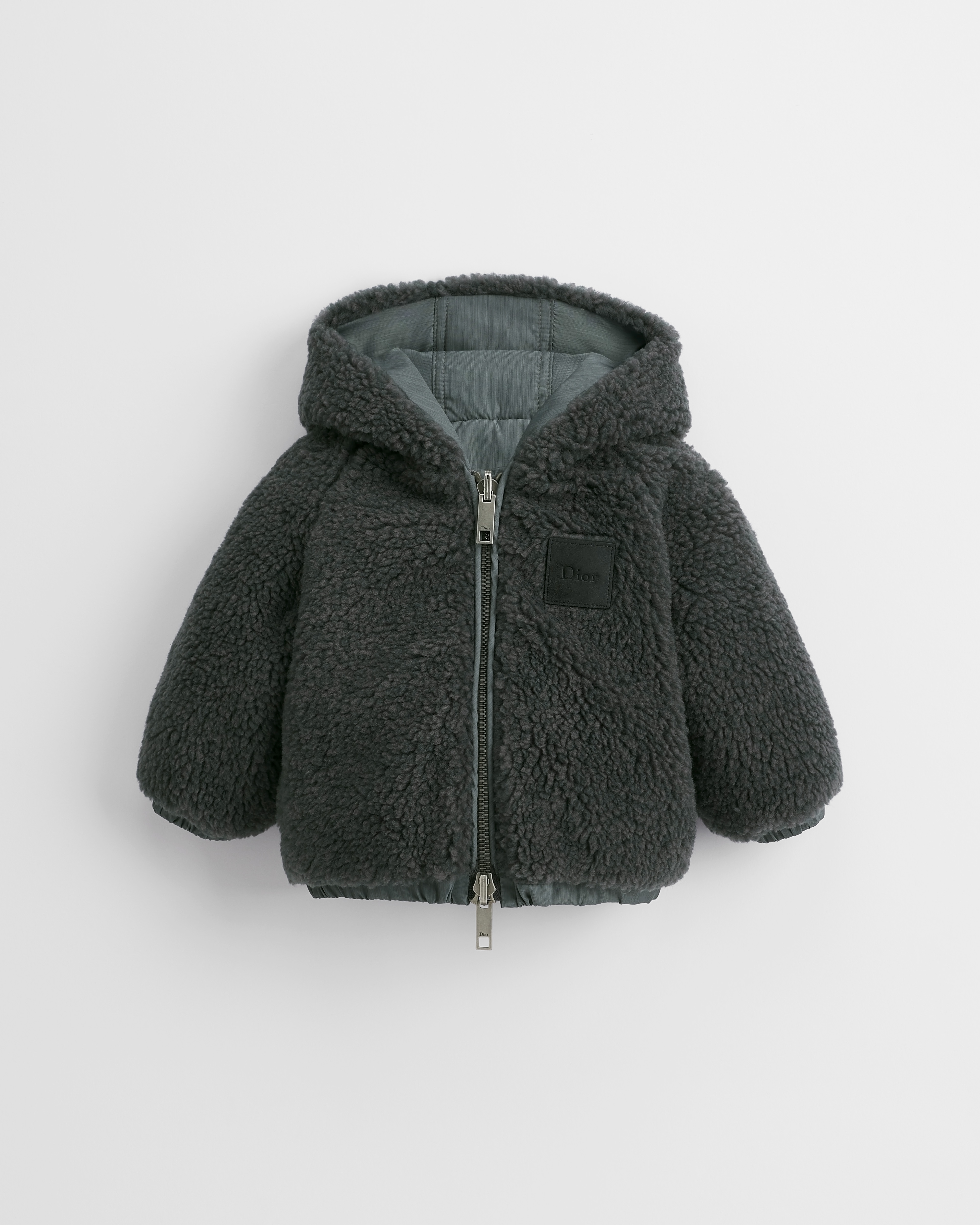 Giacca reversibile con cappuccio per neonati Tessuto bouclé grigio scuro e tessuto tecnico idrorepellente grigio E01
