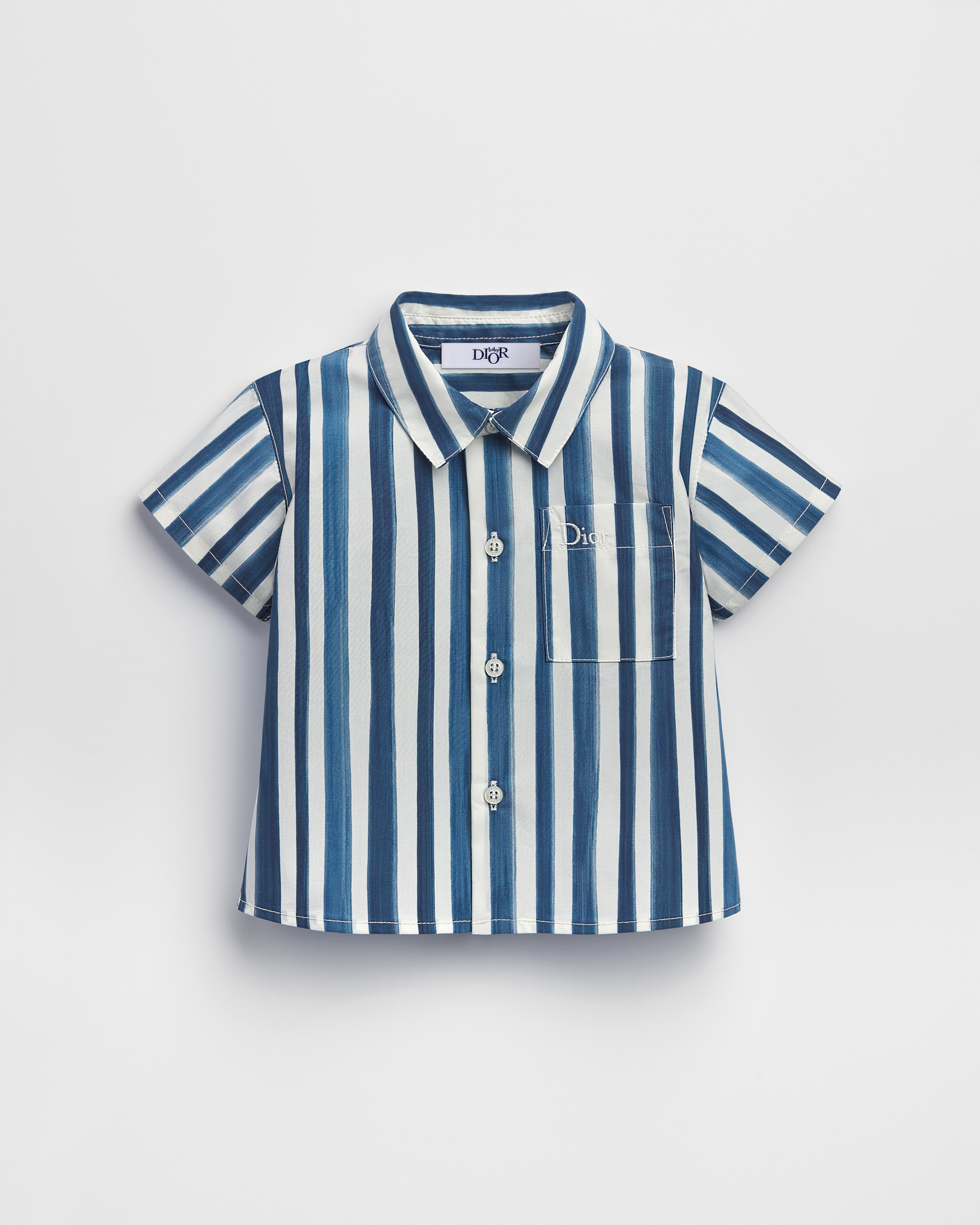 Baby Short-Sleeved Shirt Ivory Technical-Effect Cotton with Blue Stripes E01