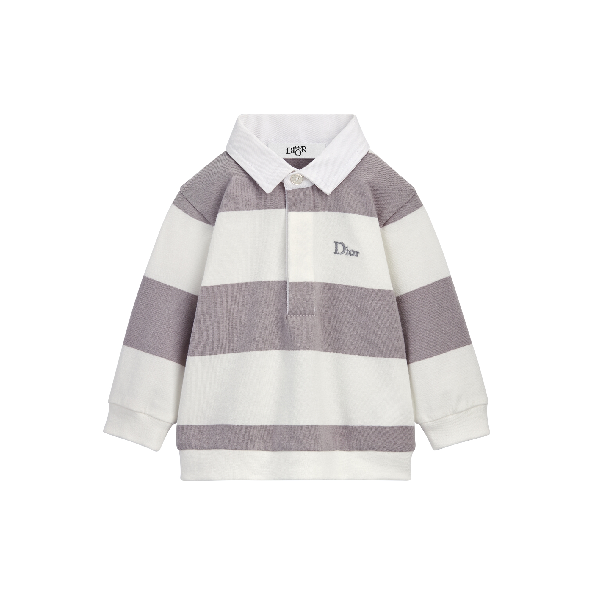 Baby Long-Sleeved Polo Shirt Ivory and Gray Striped Cotton Jersey E01