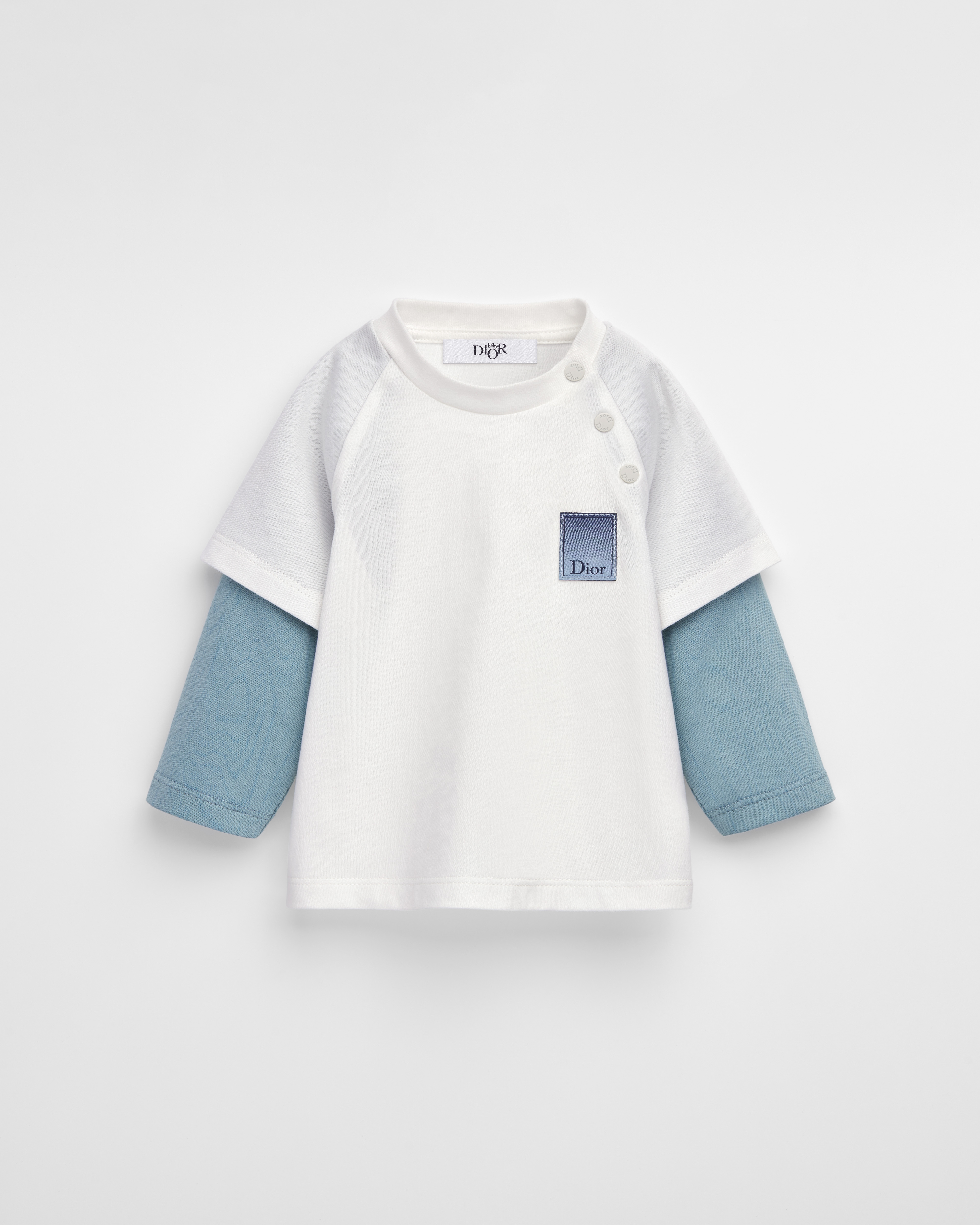 Baby Long-Sleeved T-Shirt Ivory and Blue Moiré-Effect Printed Cotton Jersey E01