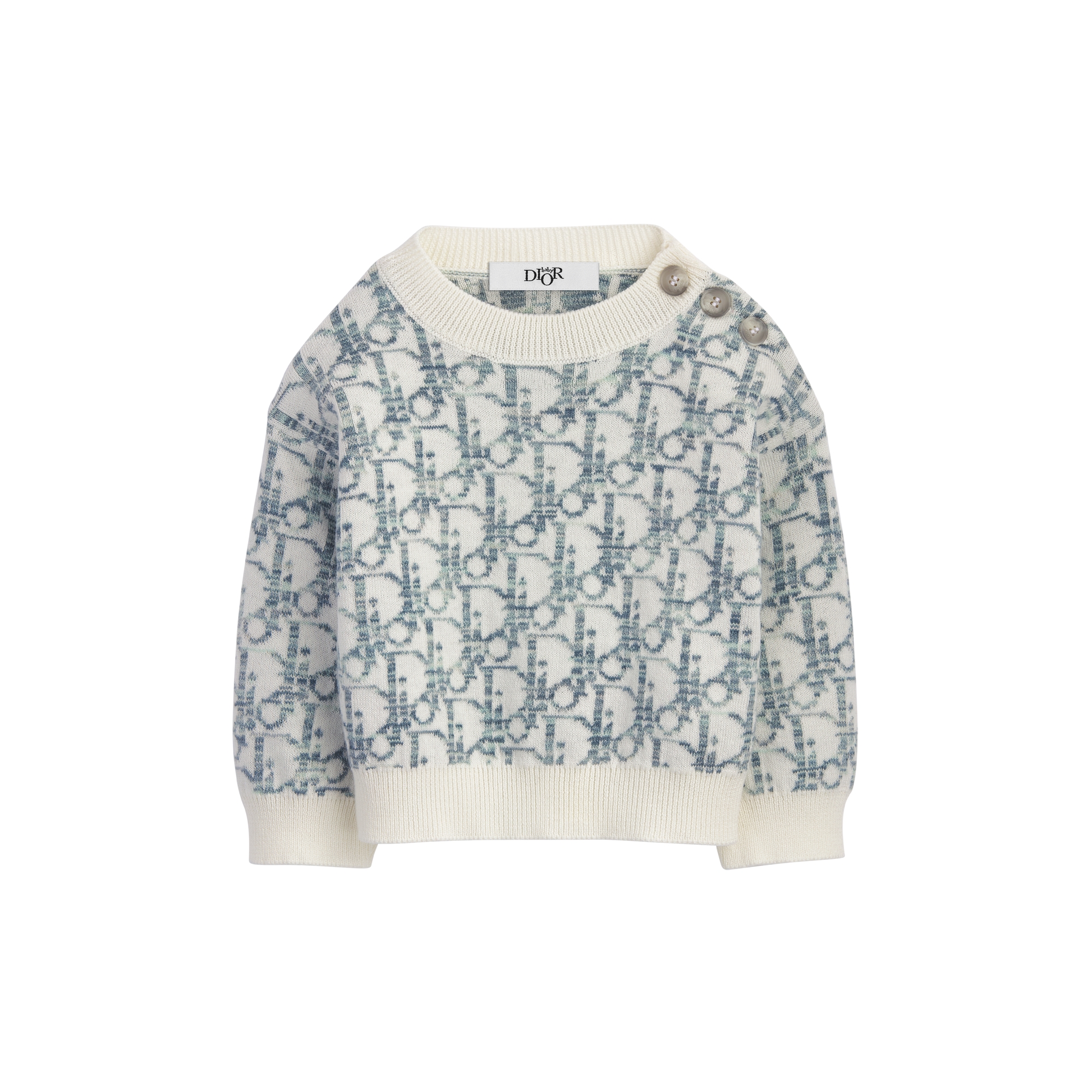 Baby Sweater Ivory Cotton Knit with Green and Blue Dior Oblique Jacquard Motif E01