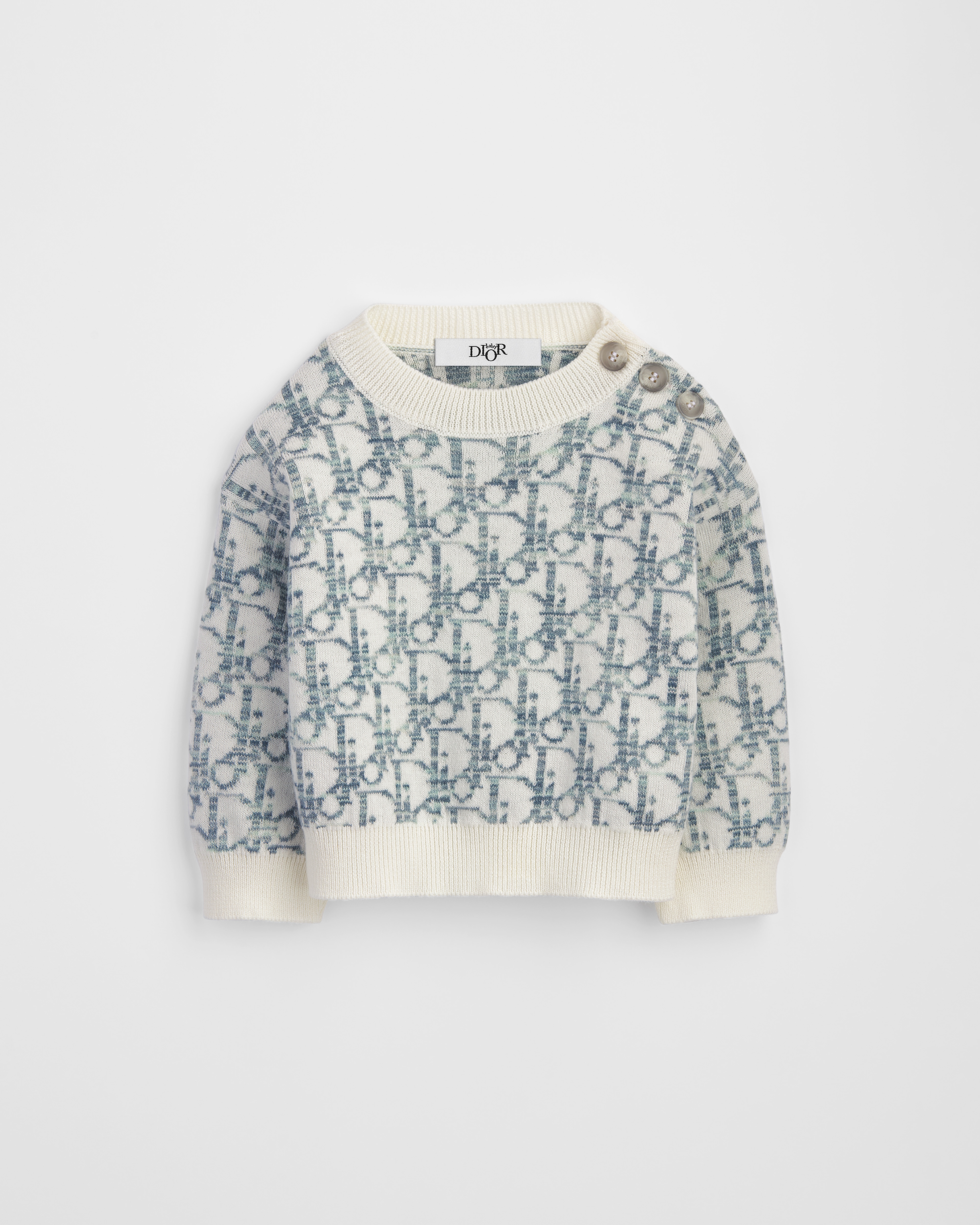 Baby Sweater Ivory Cotton Knit with Green and Blue Dior Oblique Jacquard Motif E01