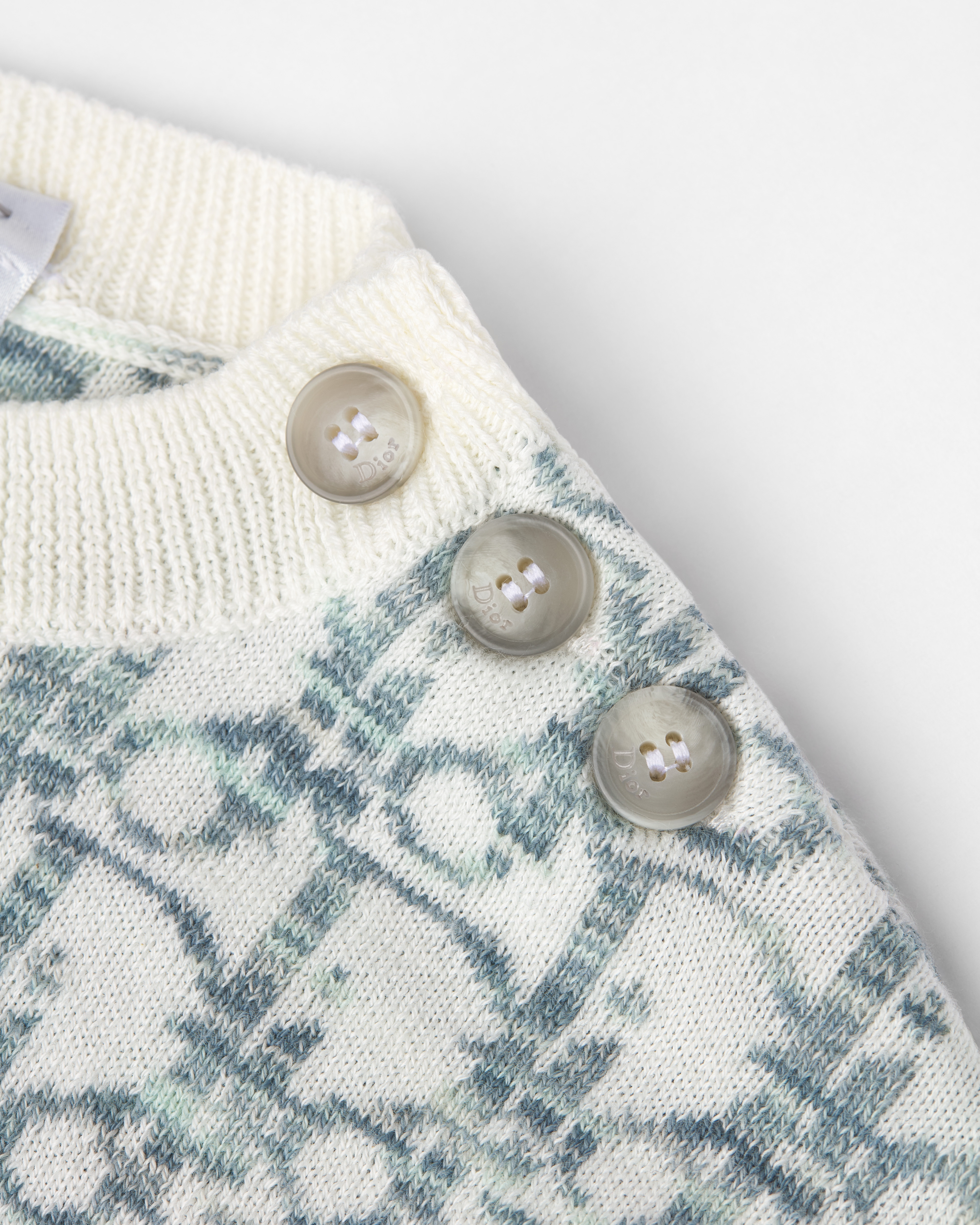 Pullover für Babys Baumwollstrick in Elfenbeinfarbe mit Dior Oblique Jacquard Motiv in Grün und Blau E10