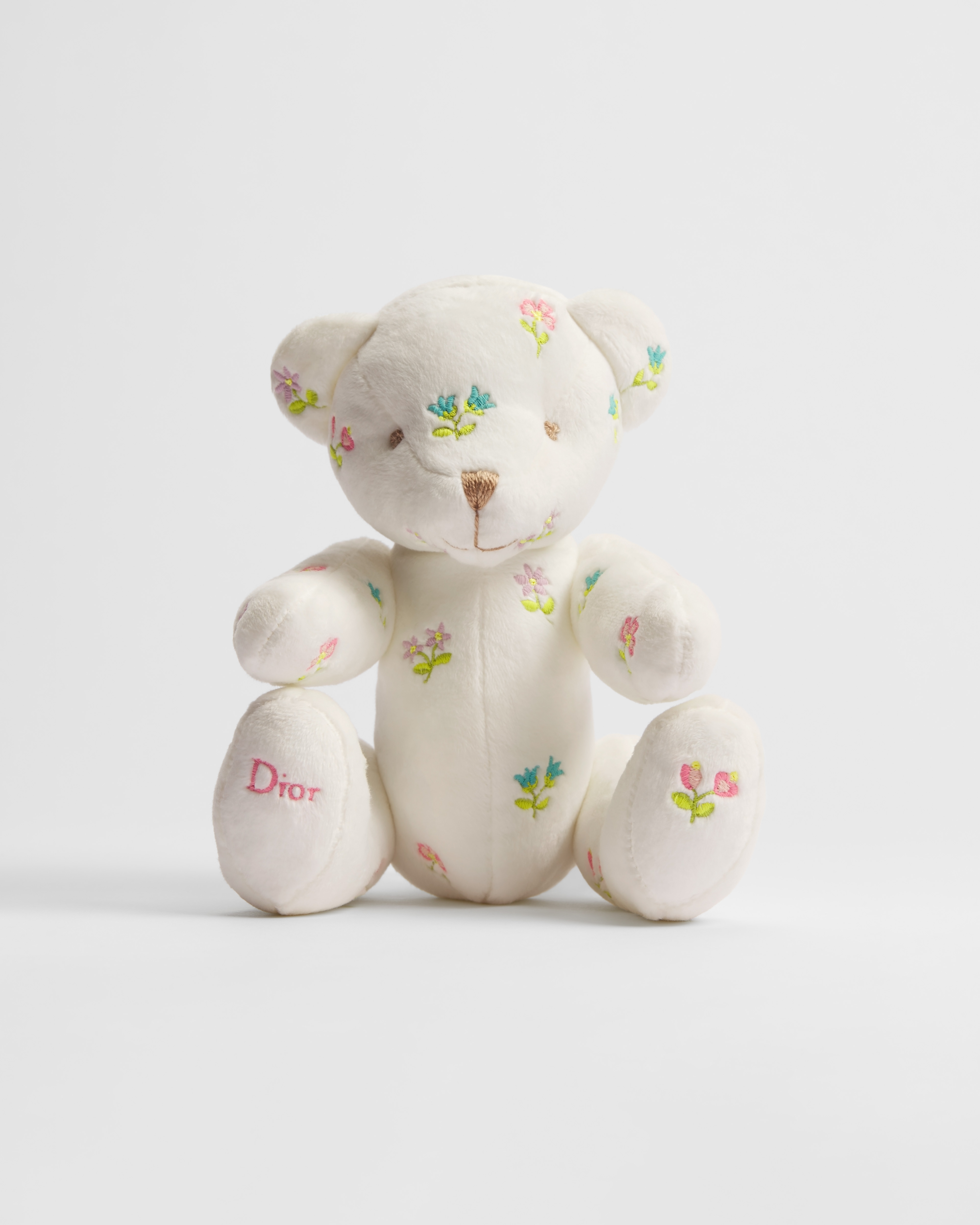 Teddybär Samt in Elfenbeinfarbe mit Blumenstickerei in mehreren Farben E01