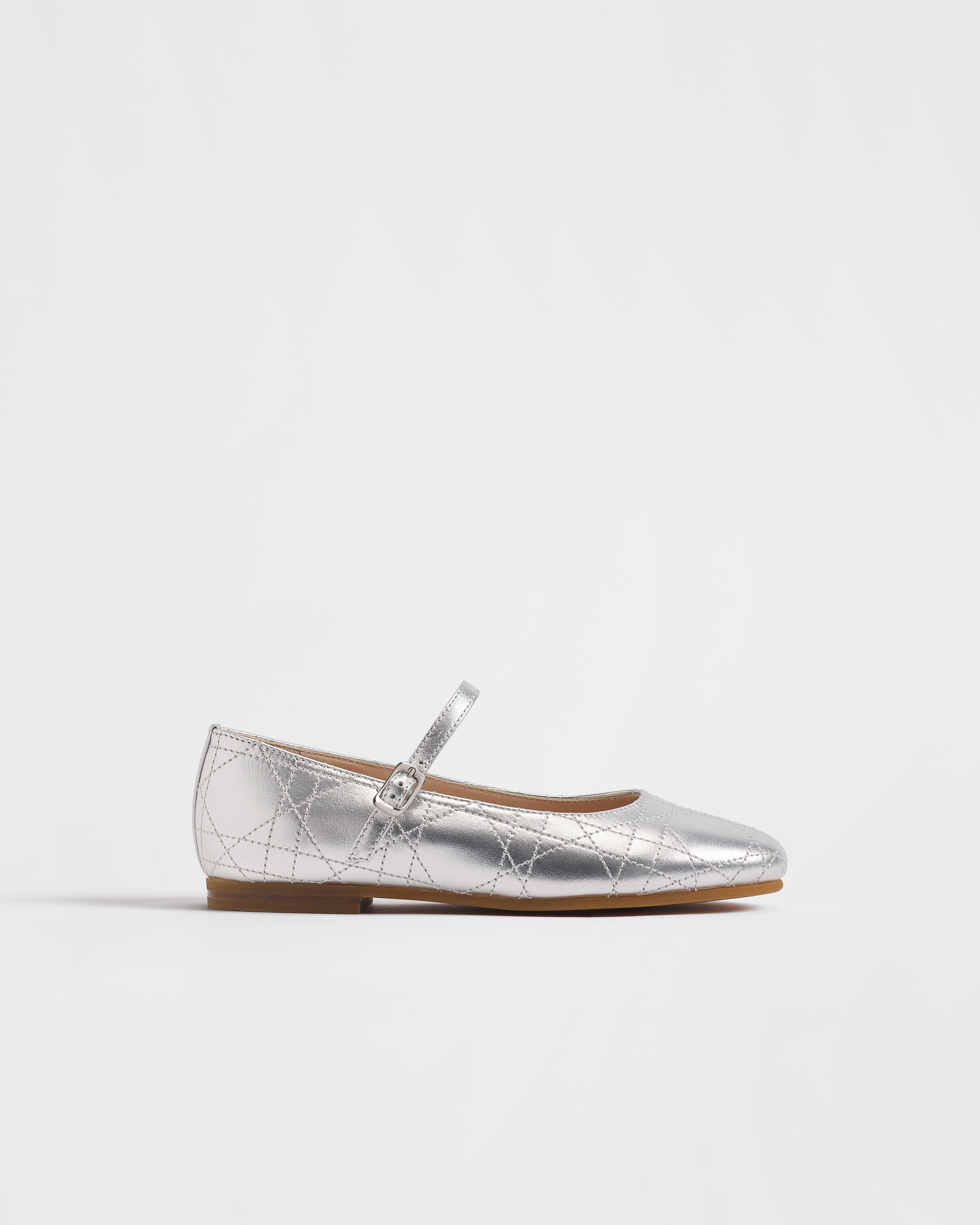 Kids' Ballet Flat Silver-Tone Cannage Calfskin E02