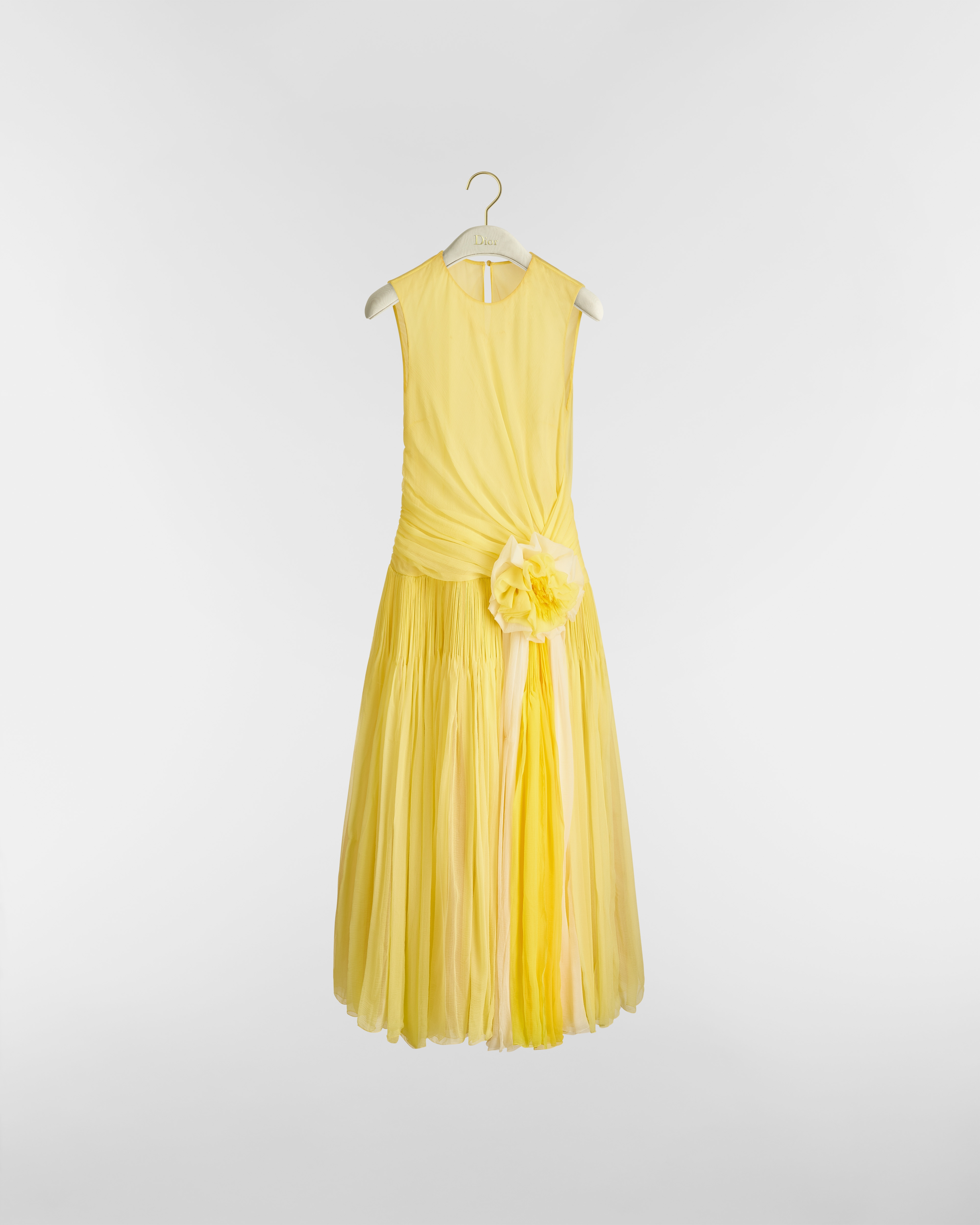 Vestido plisado de largo medio Gasa de seda amarilla E01
