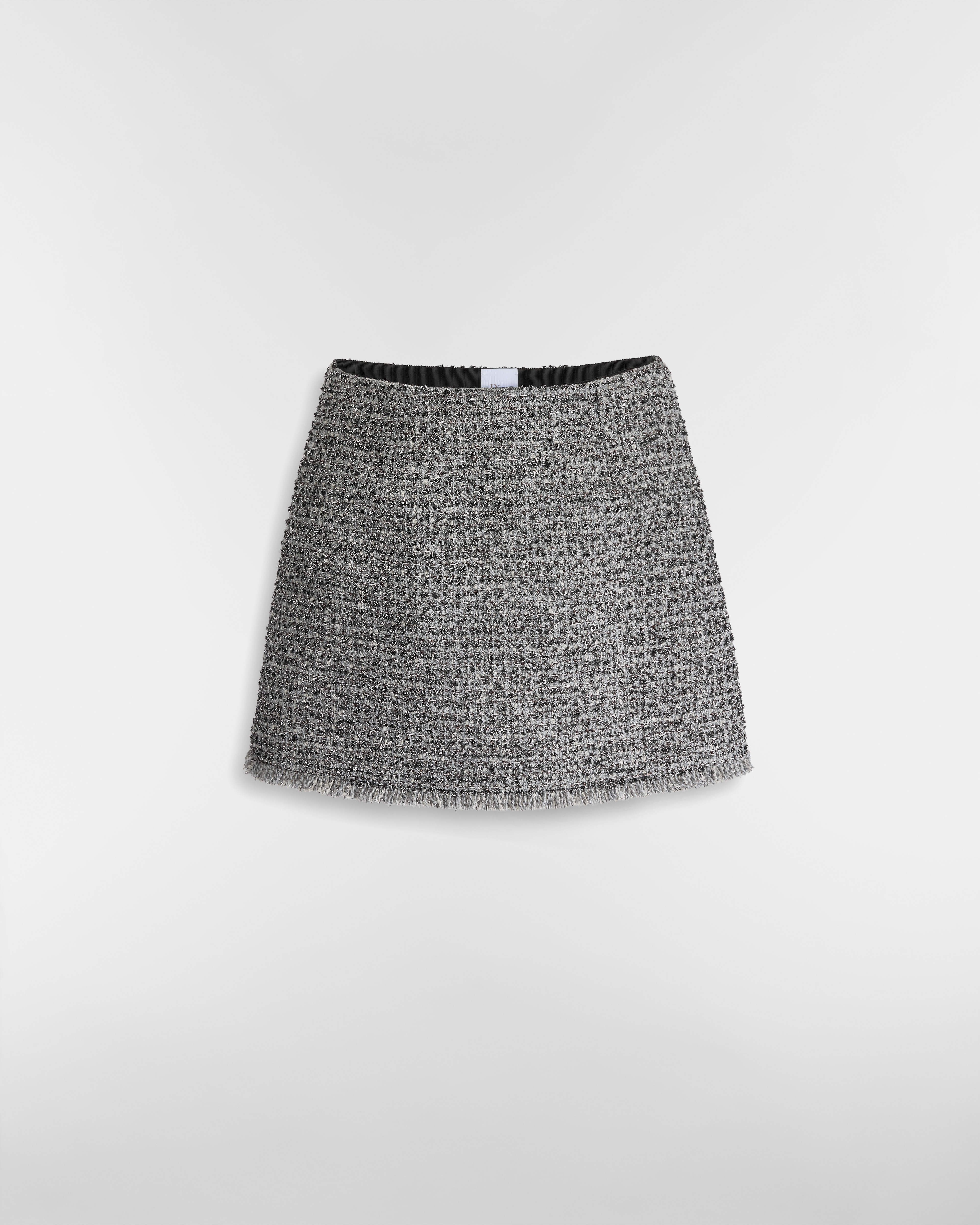 Mini jupe évasée Tweed effrangé de laine mélangée grise et fils métallisés argentés E01