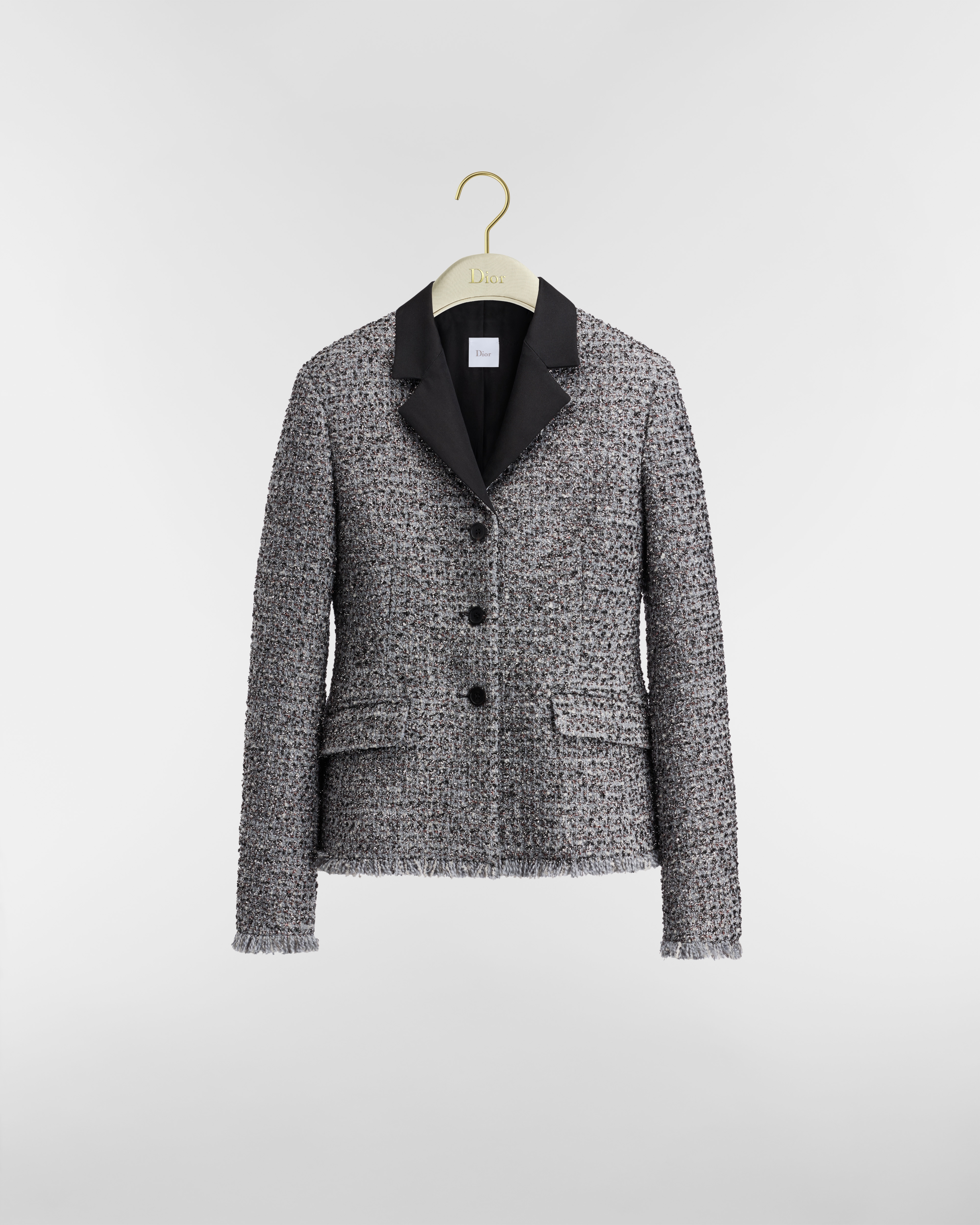 Bar Jacket Gray Virgin Wool-Blend Tweed and Silver-Tone Metallic Thread E01