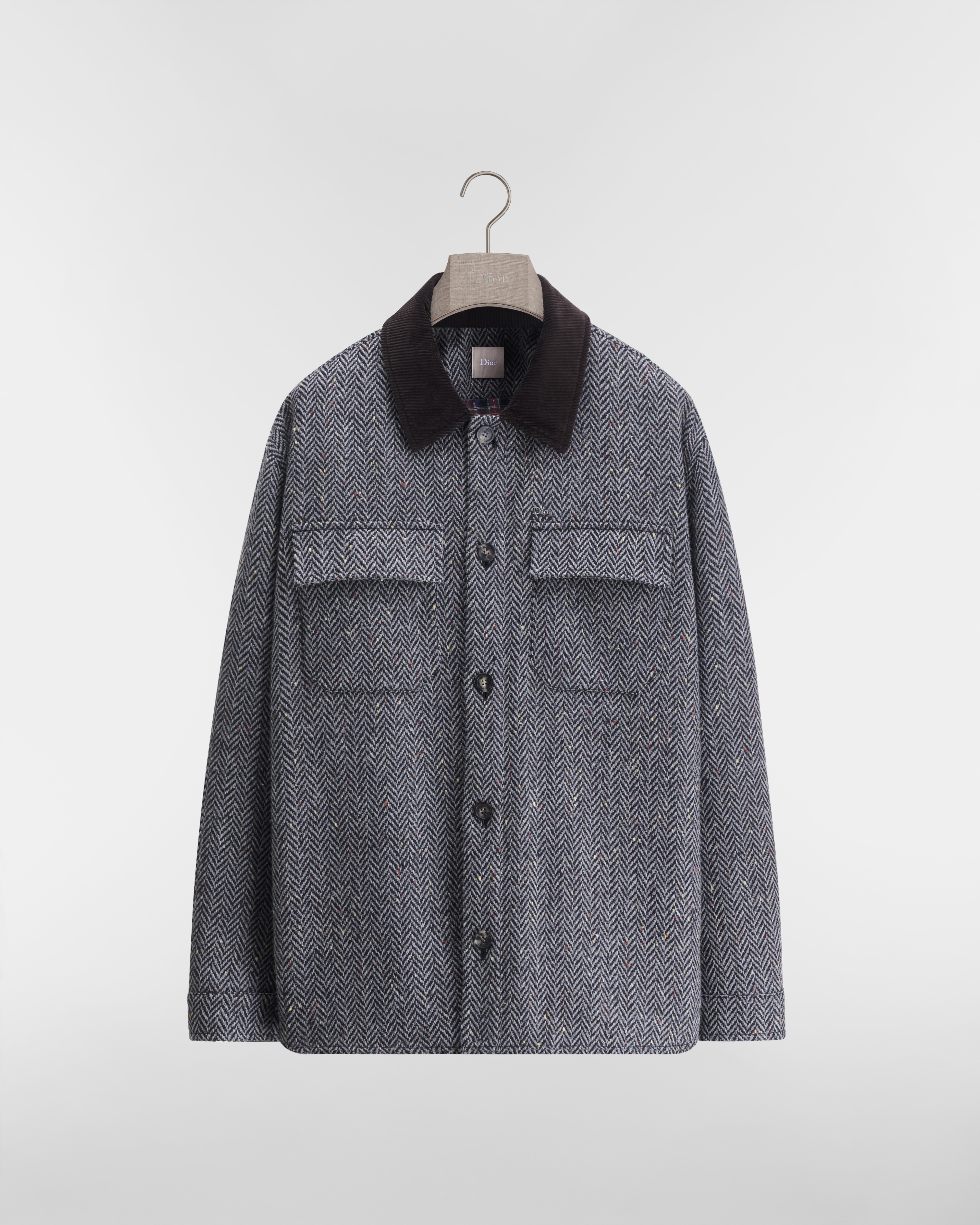 Sobrecamisa Dior Icons com gola em veludo cotelê Tweed de lã virgem cinza com padrão chevron E01