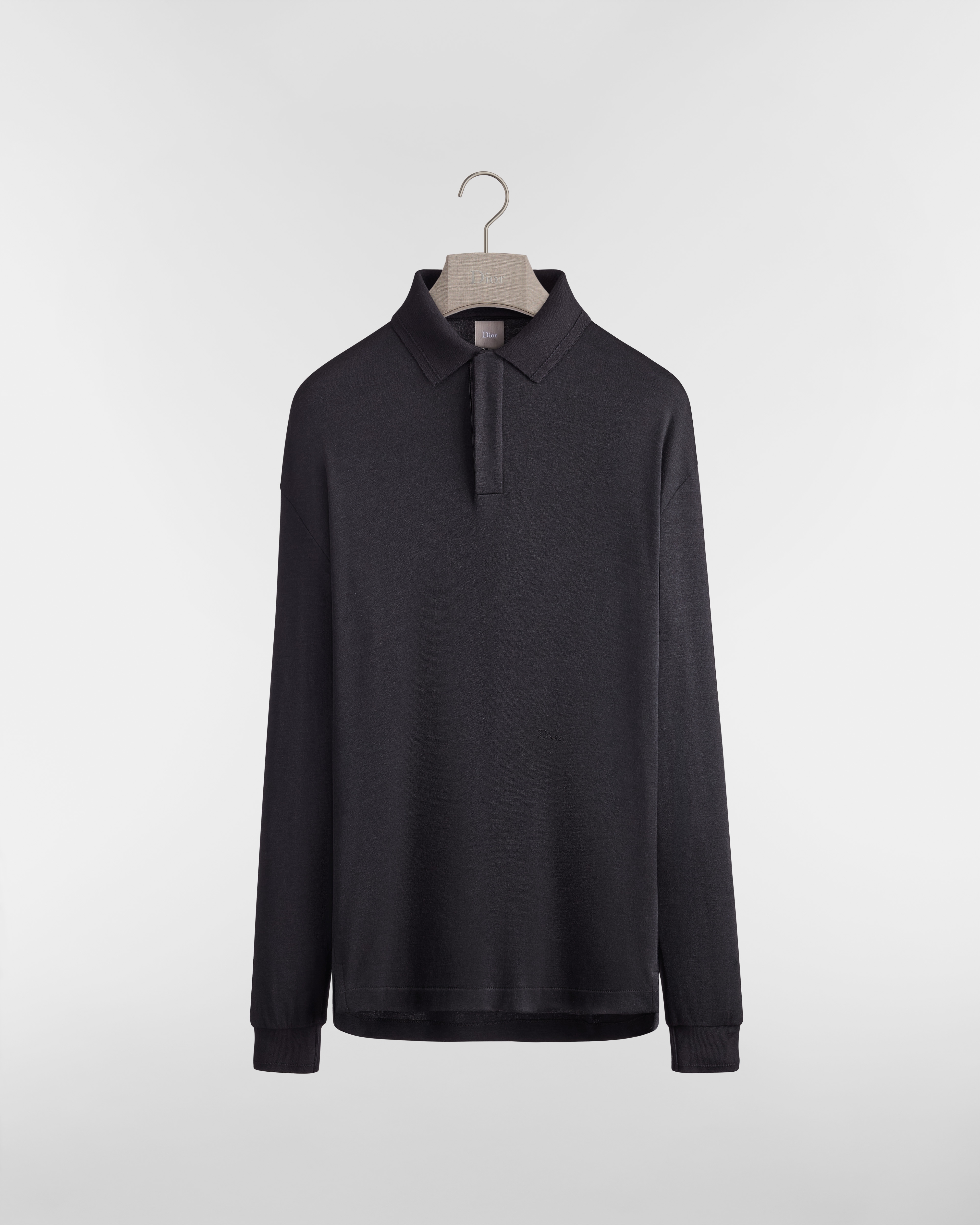 Camisa polo com mangas longas, corte casual Jérsei de cashmere e seda preto E01