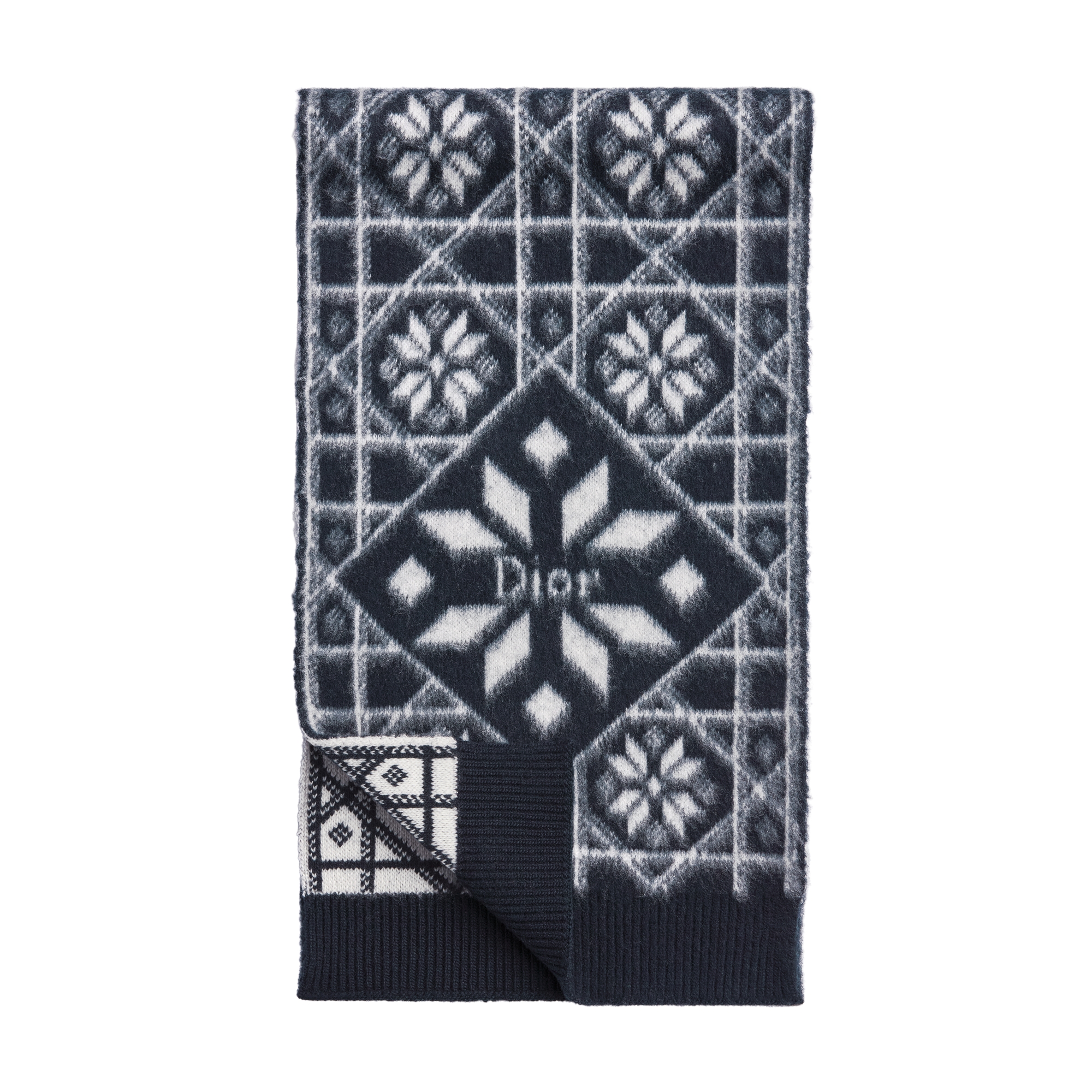 DiorAlps Dior Snowflake Double-Faced Scarf Navy Blue and White Brushed Virgin Wool-Cashmere-Blend Jacquard E01