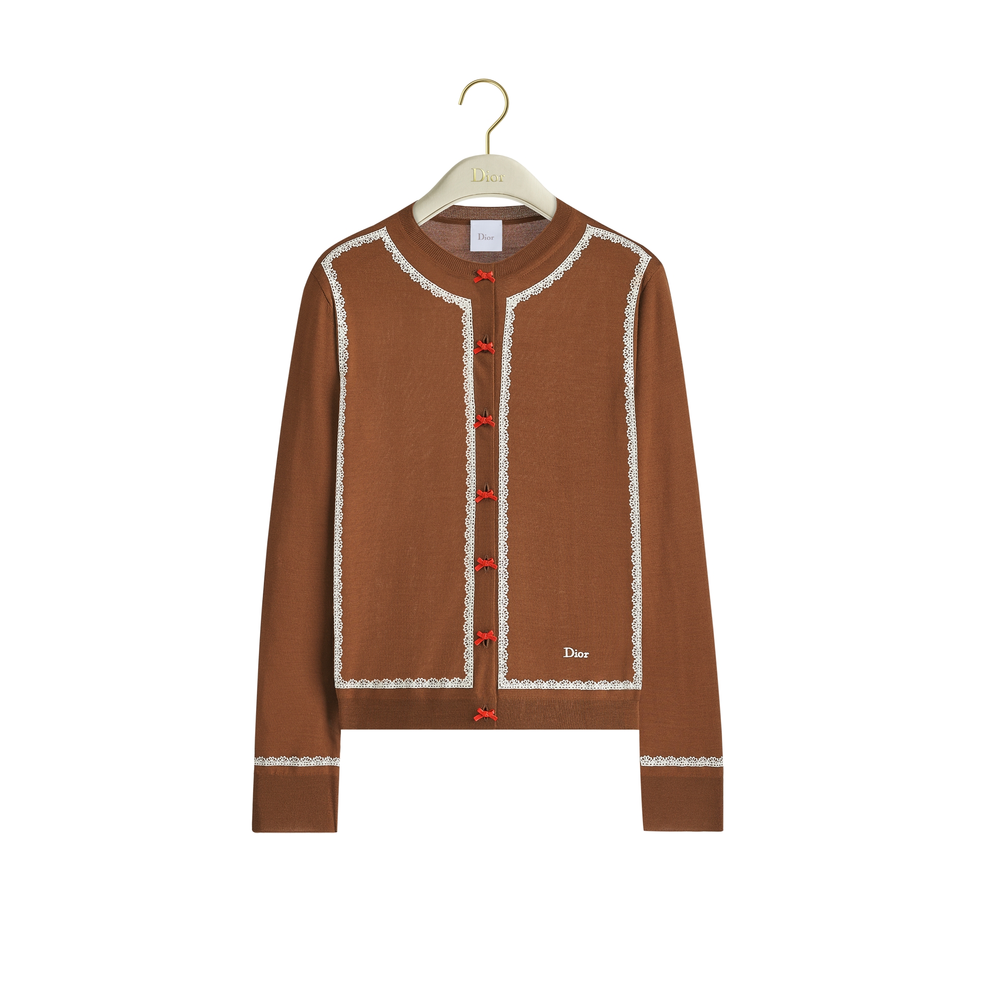 Dior Embroidered Cardigan Brown Virgin Wool Knit and Ecru Lace E01