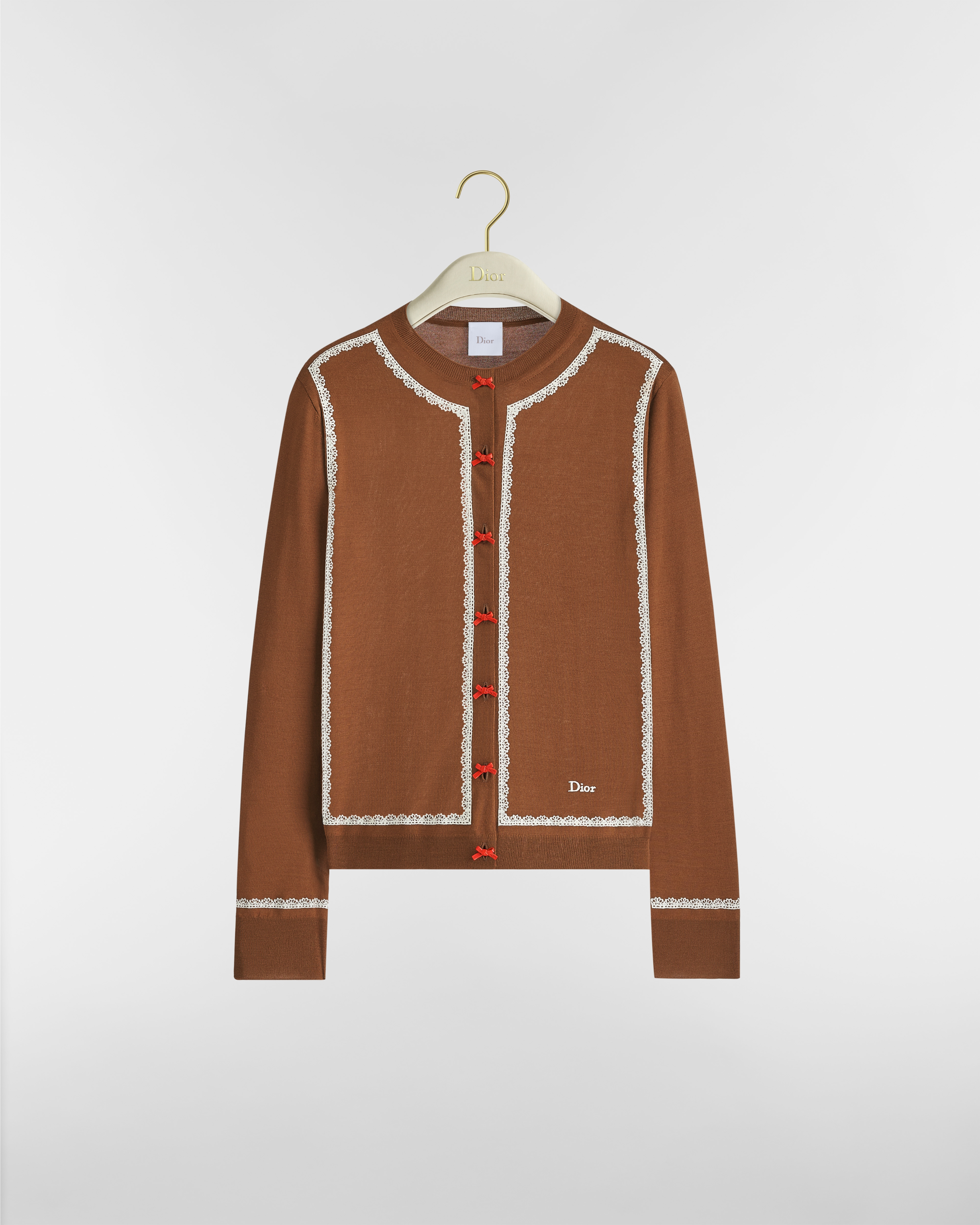 Dior Embroidered Cardigan Brown Virgin Wool Knit and Ecru Lace E01