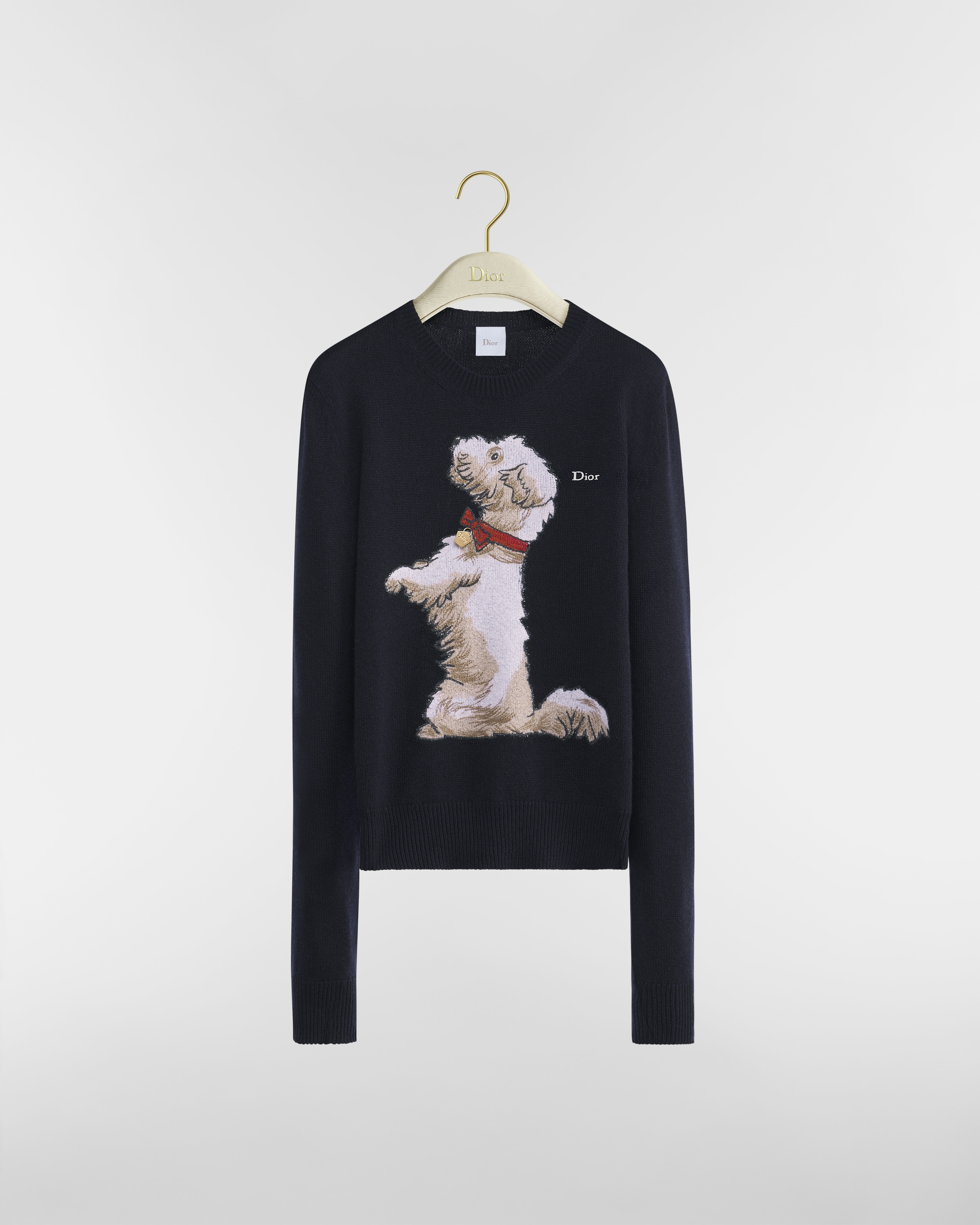 Embroidered Sweater Navy Blue Cashmere-Blend Knit with Multicolor Dior Bobby Motif E01