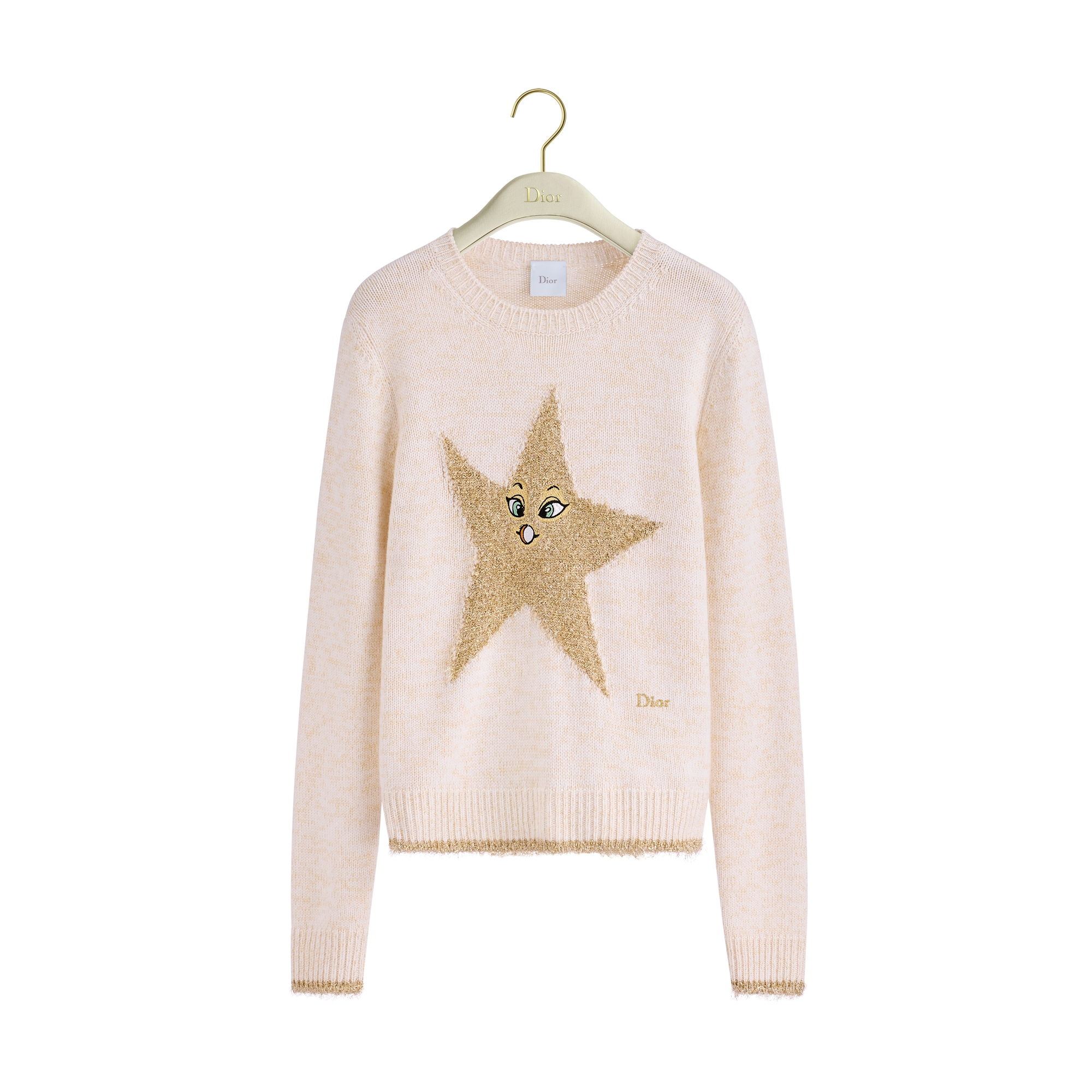 Embroidered Sweater Ecru Cashmere-Blend Knit with Gold-Tone Star Motif E01