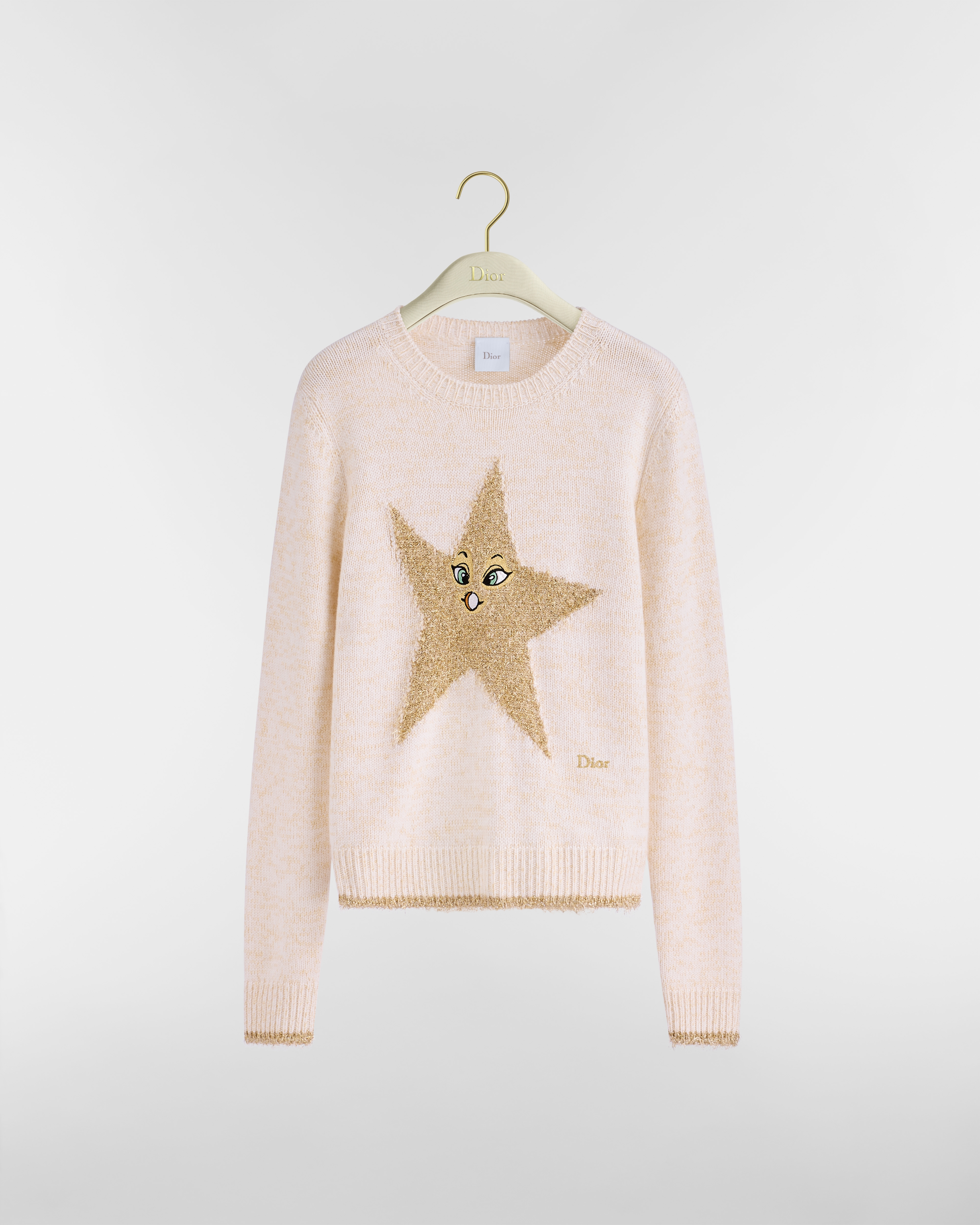 Embroidered Sweater Ecru Cashmere-Blend Knit with Gold-Tone Star Motif E01