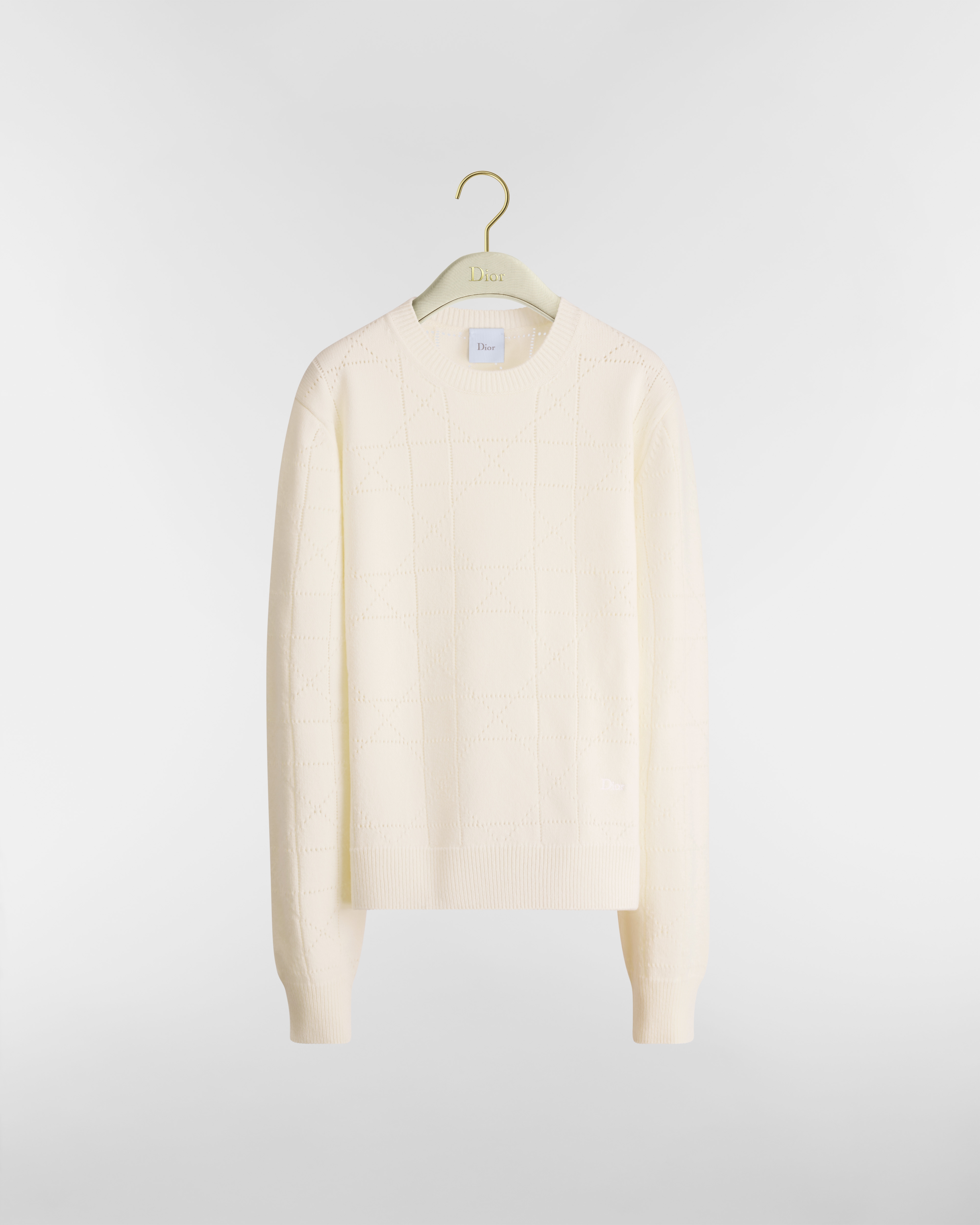 Embroidered Cannage Sweater Ecru Virgin Wool and Cashmere Openwork Knit E01