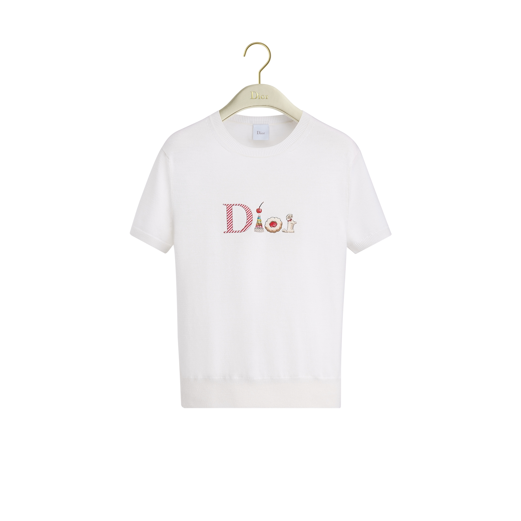 Short-Sleeved Embroidered Sweater White Virgin Wool Knit with Multicolor Dior Candy Signature E01