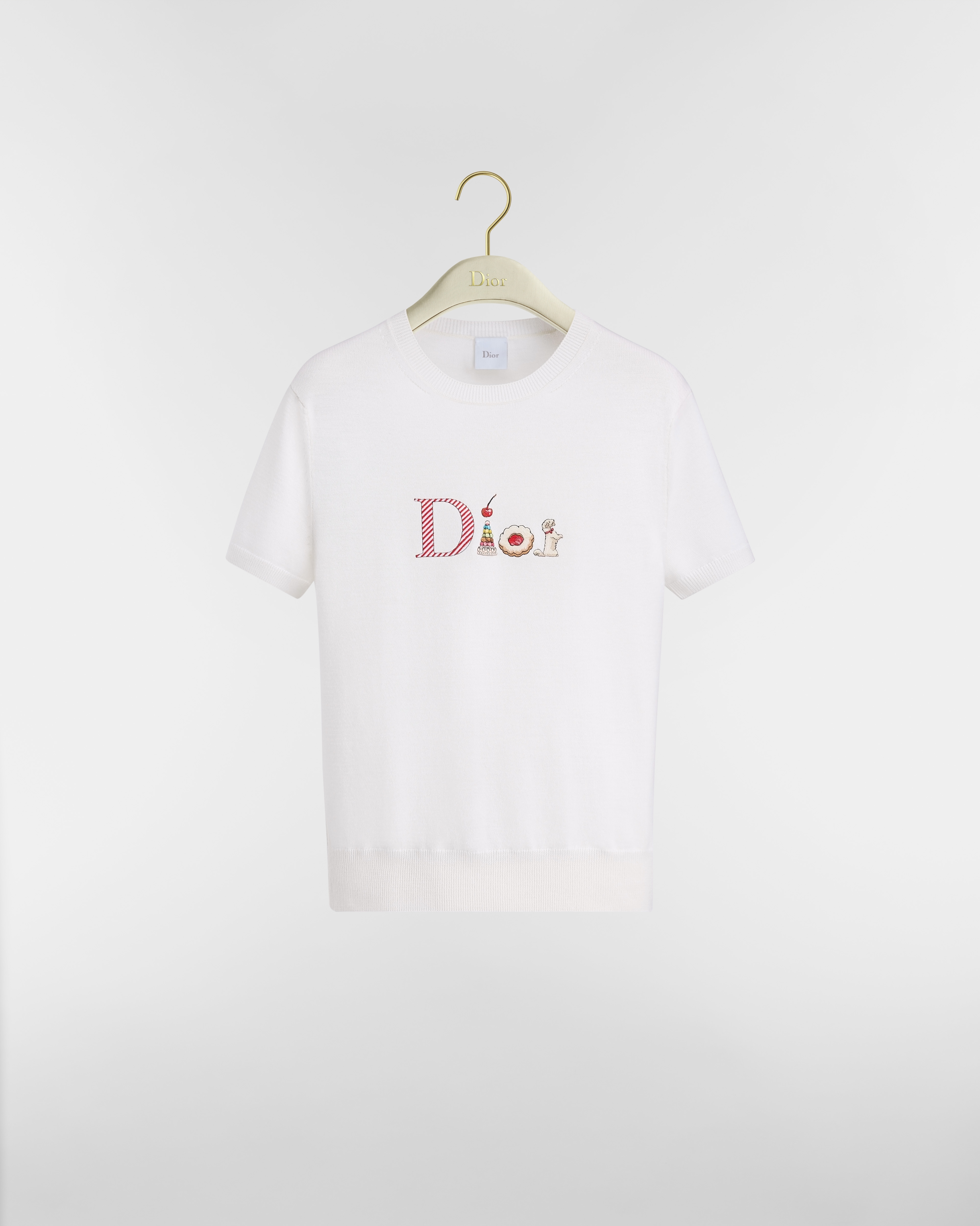 Short-Sleeved Embroidered Sweater White Virgin Wool Knit with Multicolor Dior Candy Signature E01