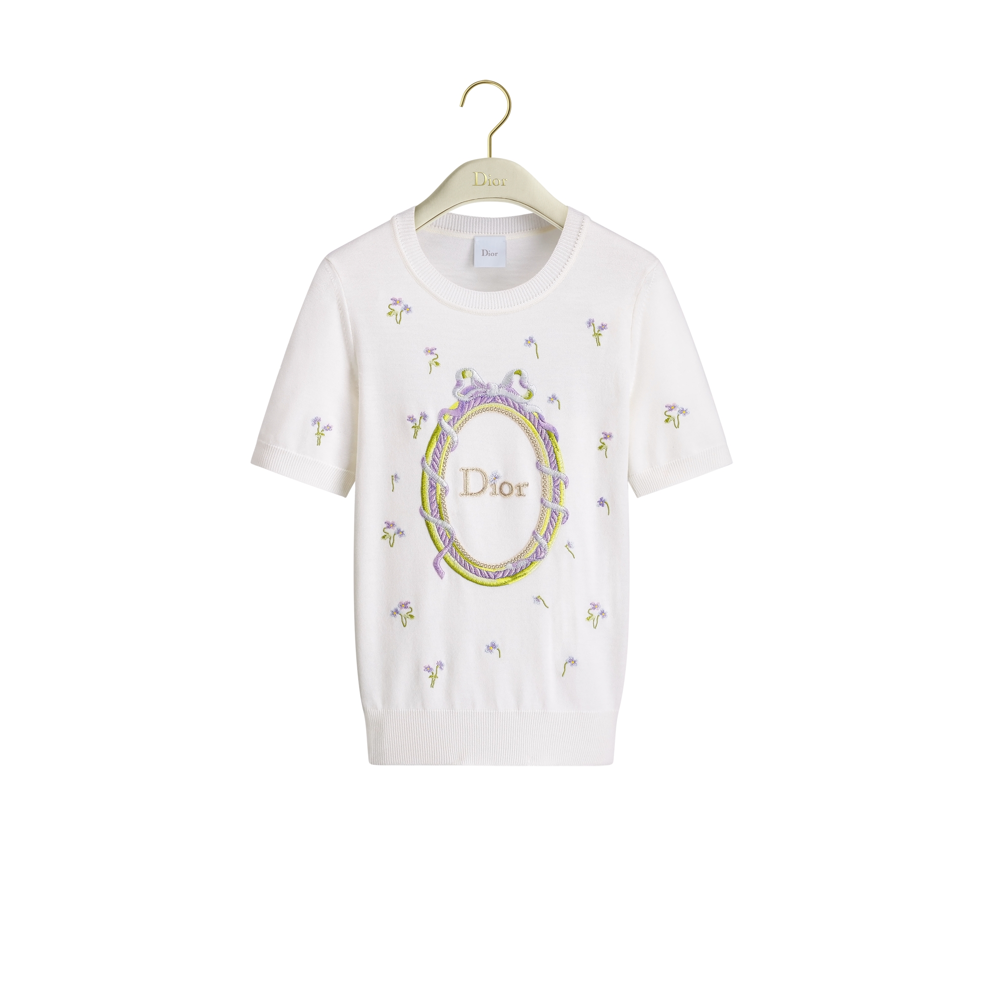 Dior Médaillon Embroidered Short-Sleeved Sweater White Virgin Wool Knit with Multicolor Violet Garden Motif E01