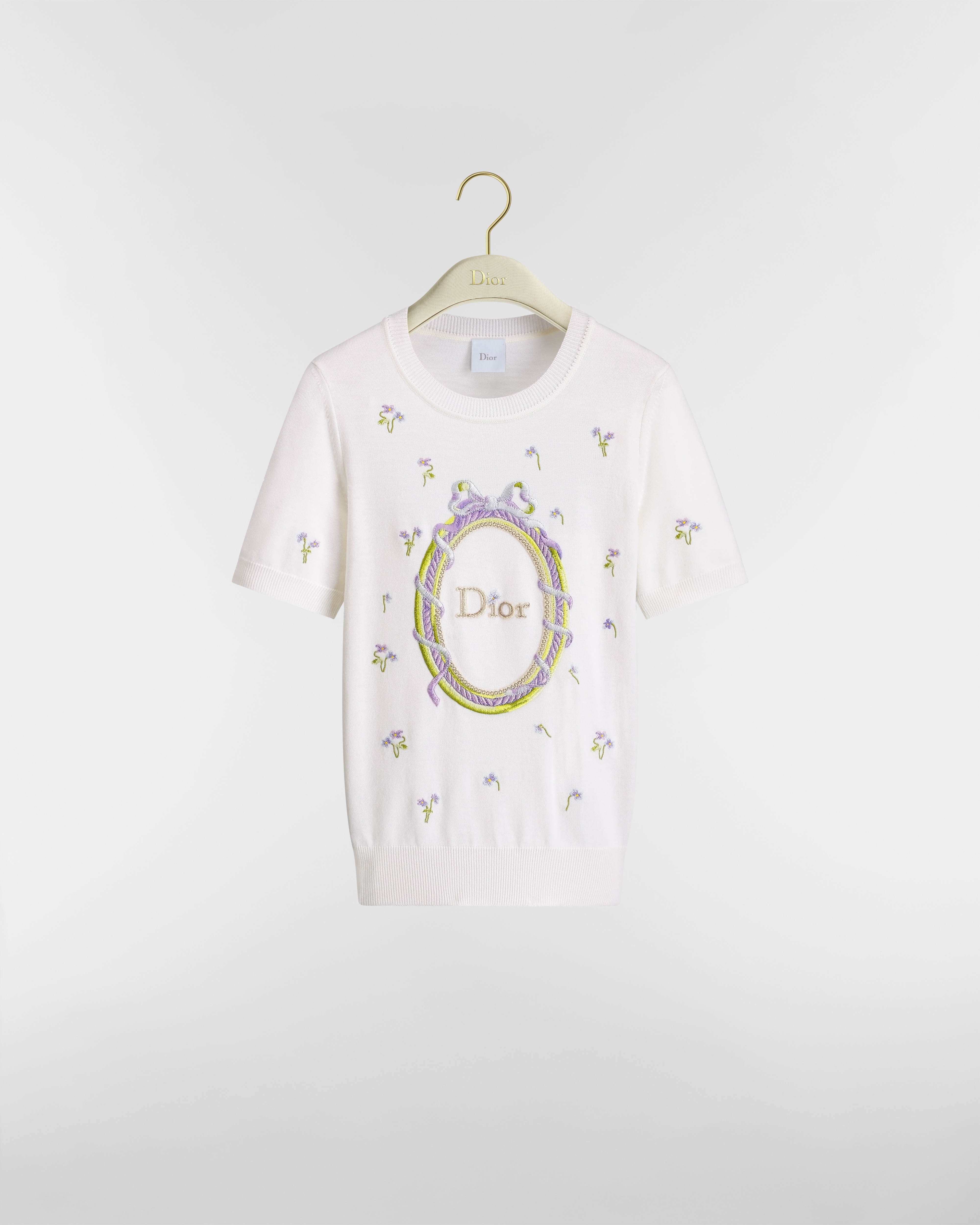 Dior Médaillon Embroidered Short-Sleeved Sweater White Virgin Wool Knit with Multicolor Violet Garden Motif E01