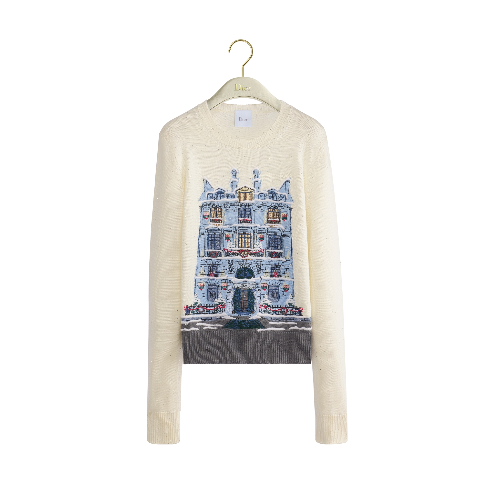 Embroidered Sweater Ecru Wool-Cashmere-Blend Knit with Multicolor Noël à Montaigne Motif E01