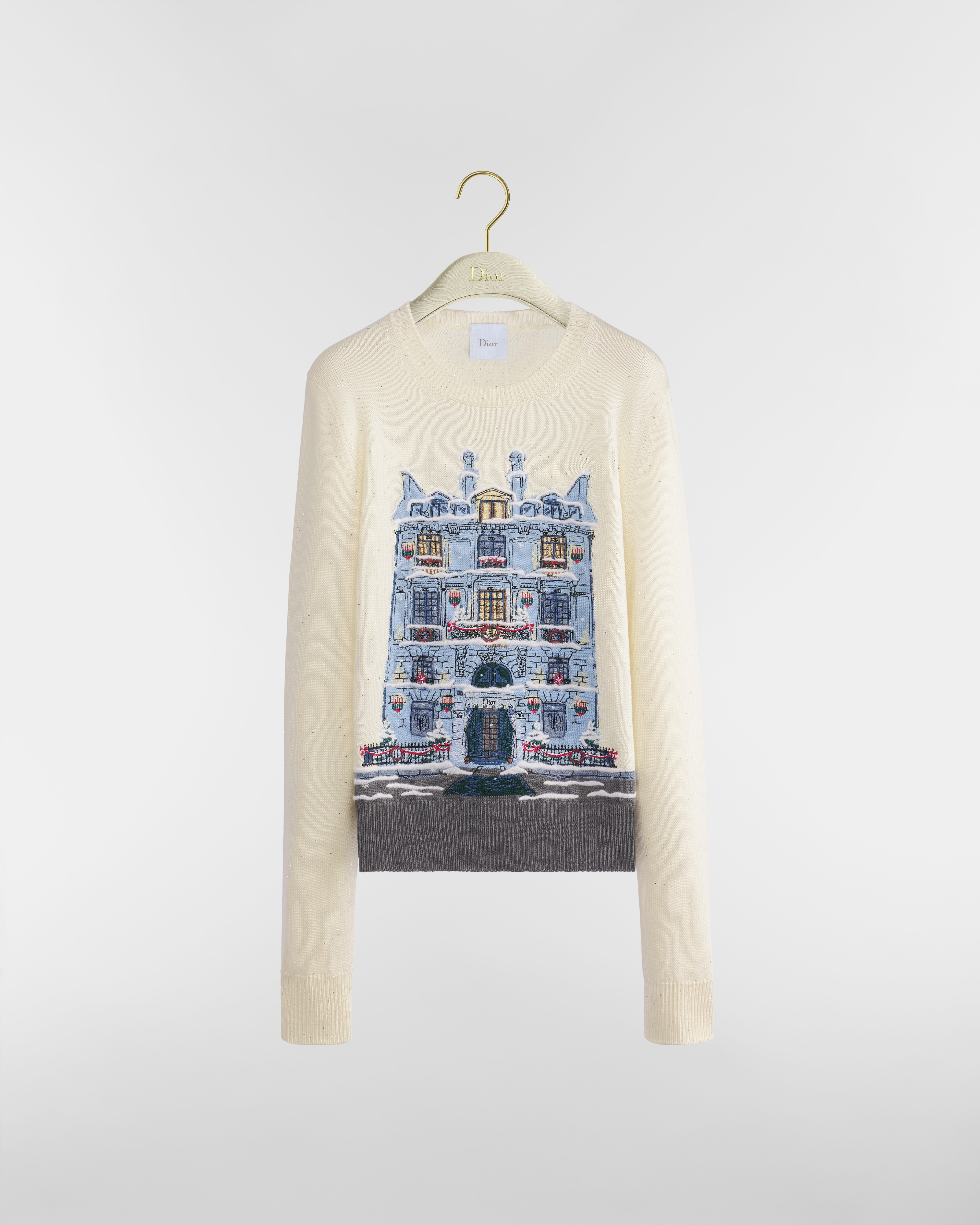 Embroidered Sweater Ecru Wool-Cashmere-Blend Knit with Multicolor Noël à Montaigne Motif E01