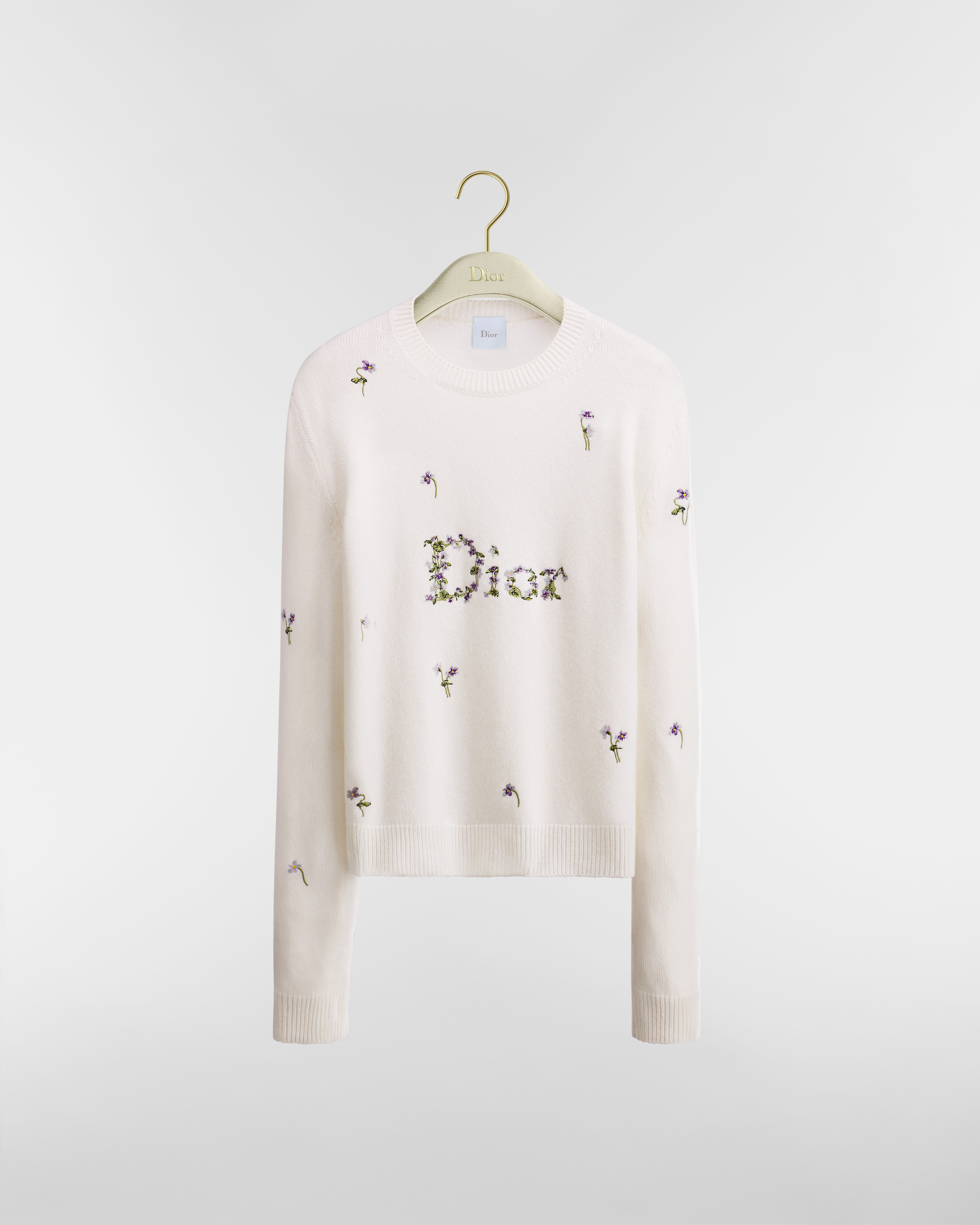 Embroidered Sweater White Cashmere Knit with Multicolor Violet Garden Motif E01