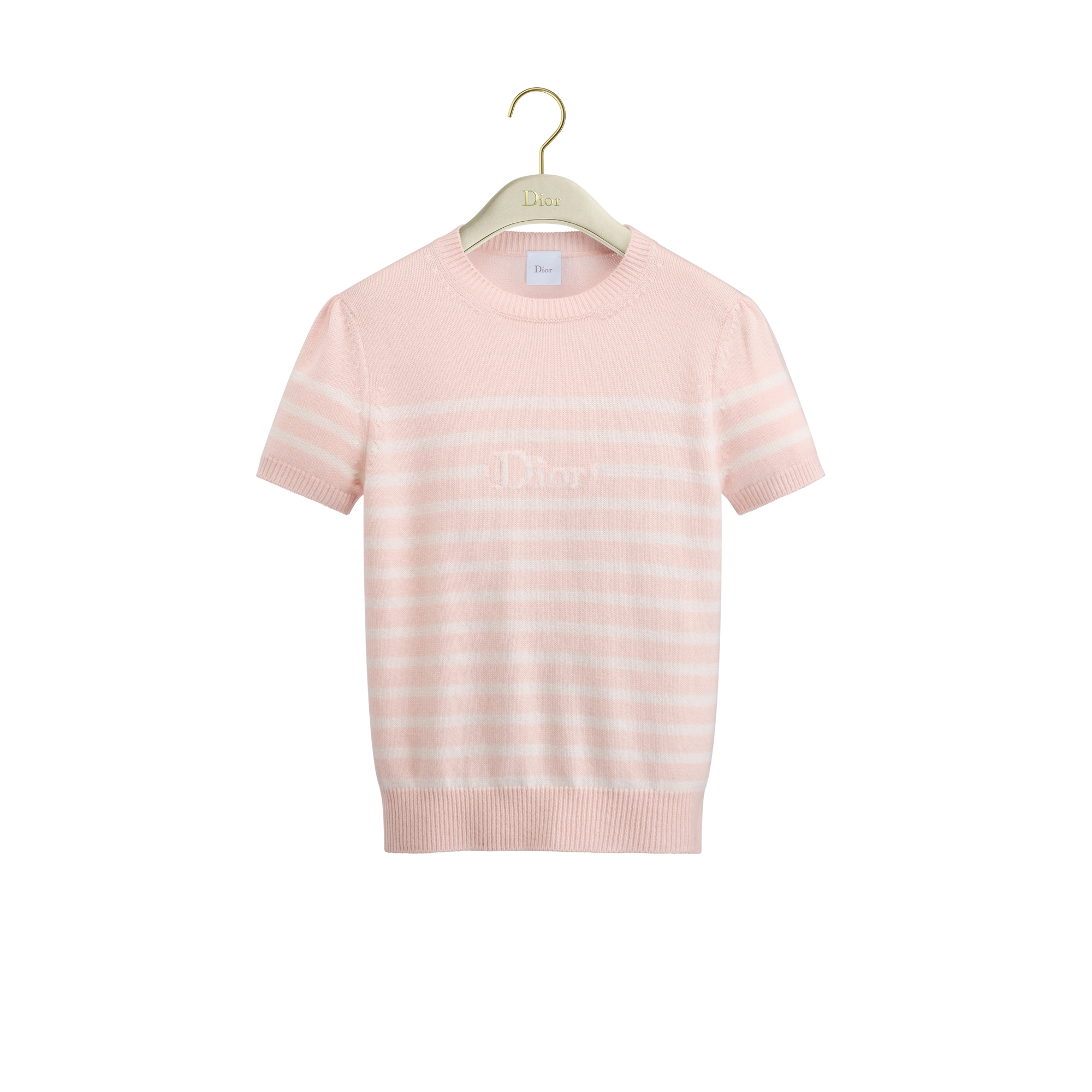 Dior Marinière Short-Sleeved Sweater Pale Pink and White D-Stripes Cashmere Knit E01
