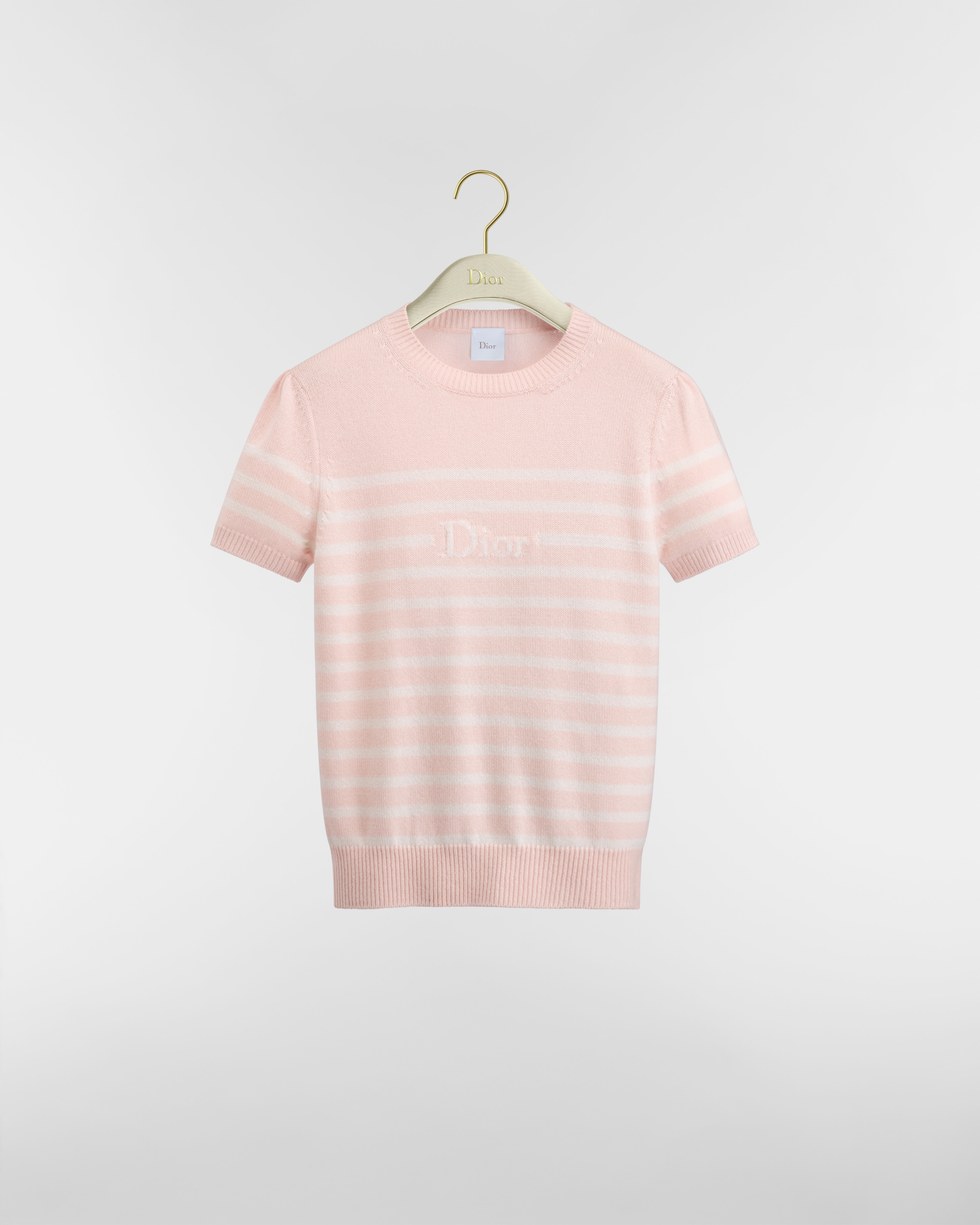 Dior Marinière Short-Sleeved Sweater Pale Pink and White D-Stripes Cashmere Knit E01