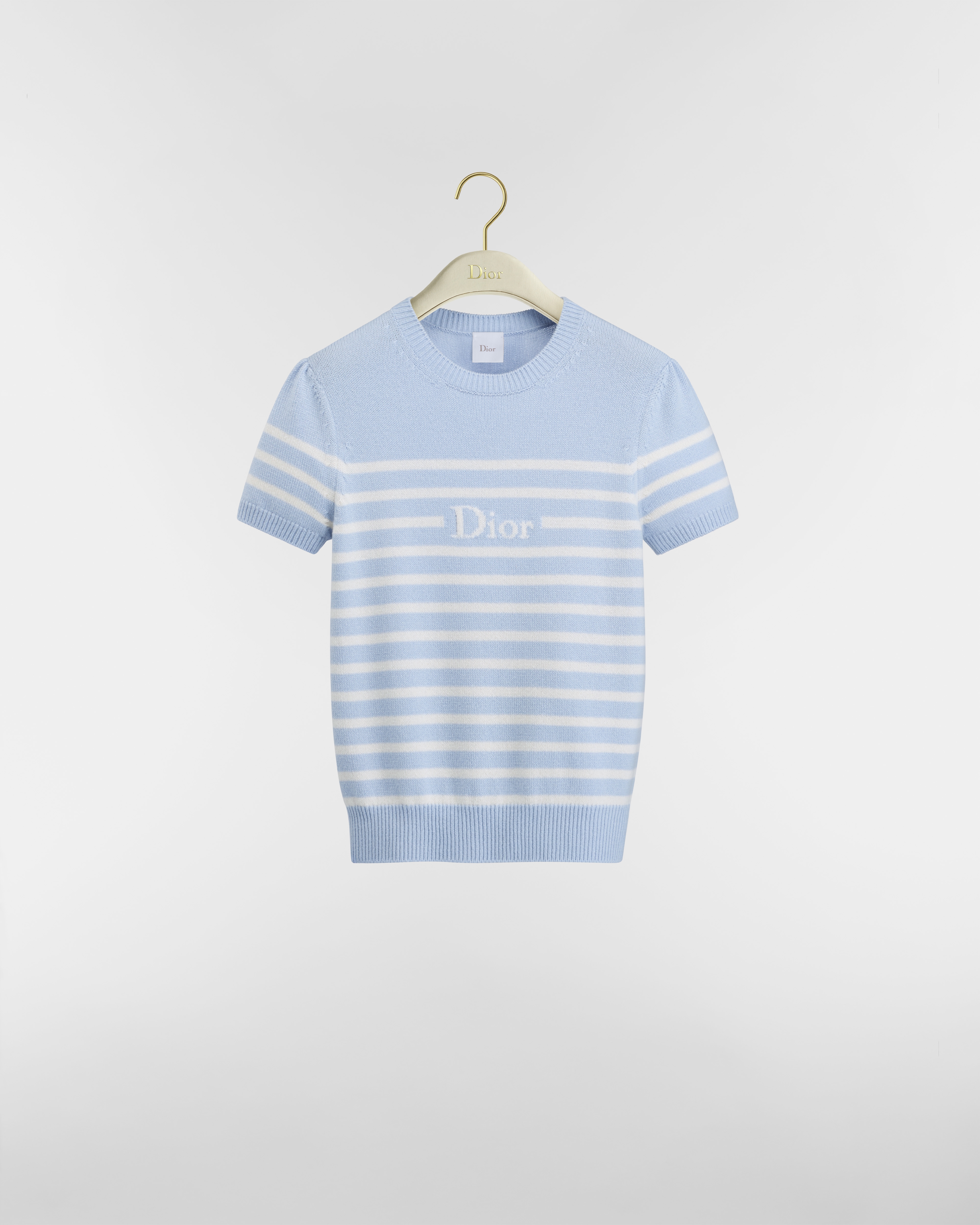 Dior Marinière Short-Sleeved Sweater Light Blue and White D-Stripes Cashmere Knit E01