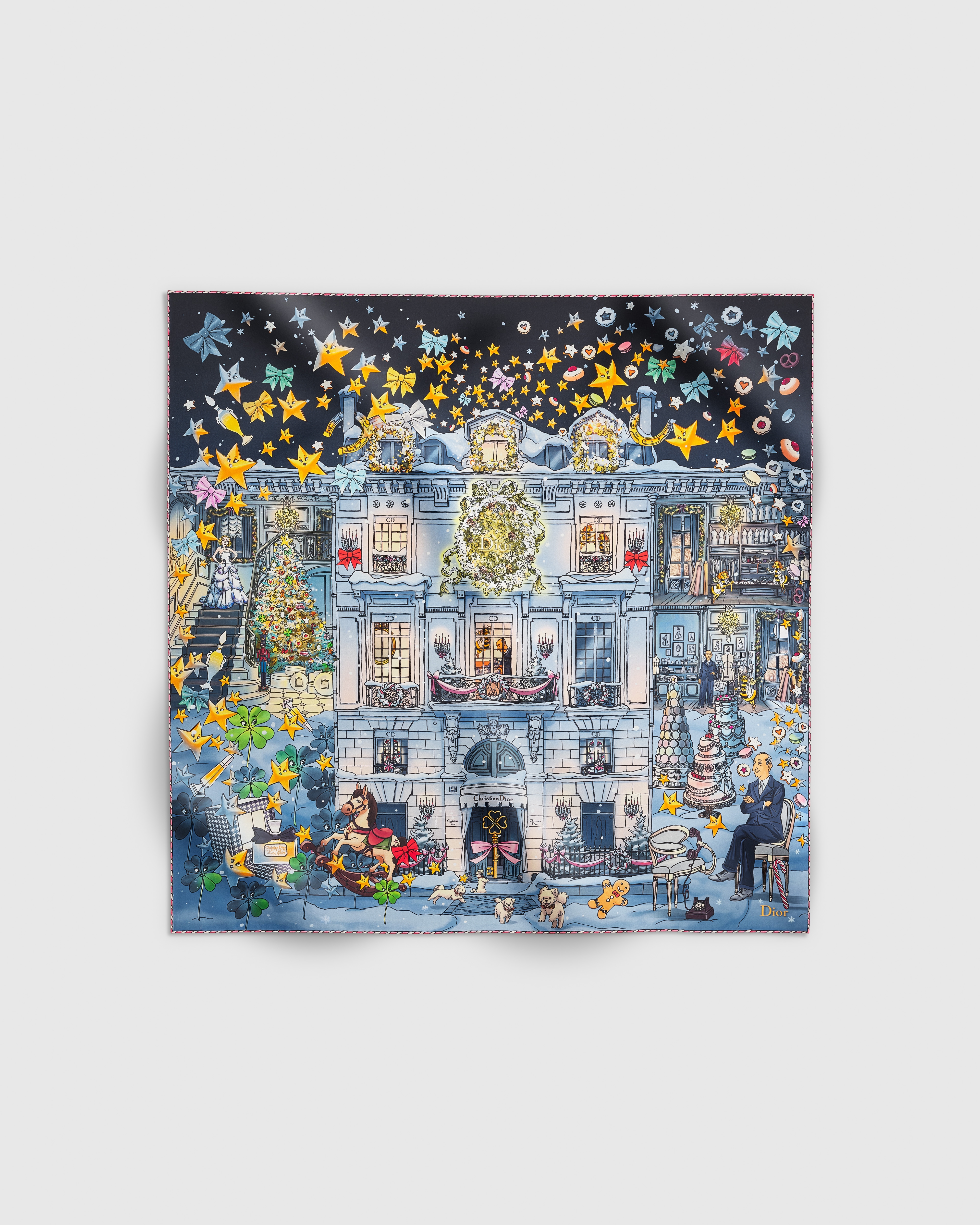 Carré 90 Noël à Montaigne Twill de soie bleu marine multicolore E01