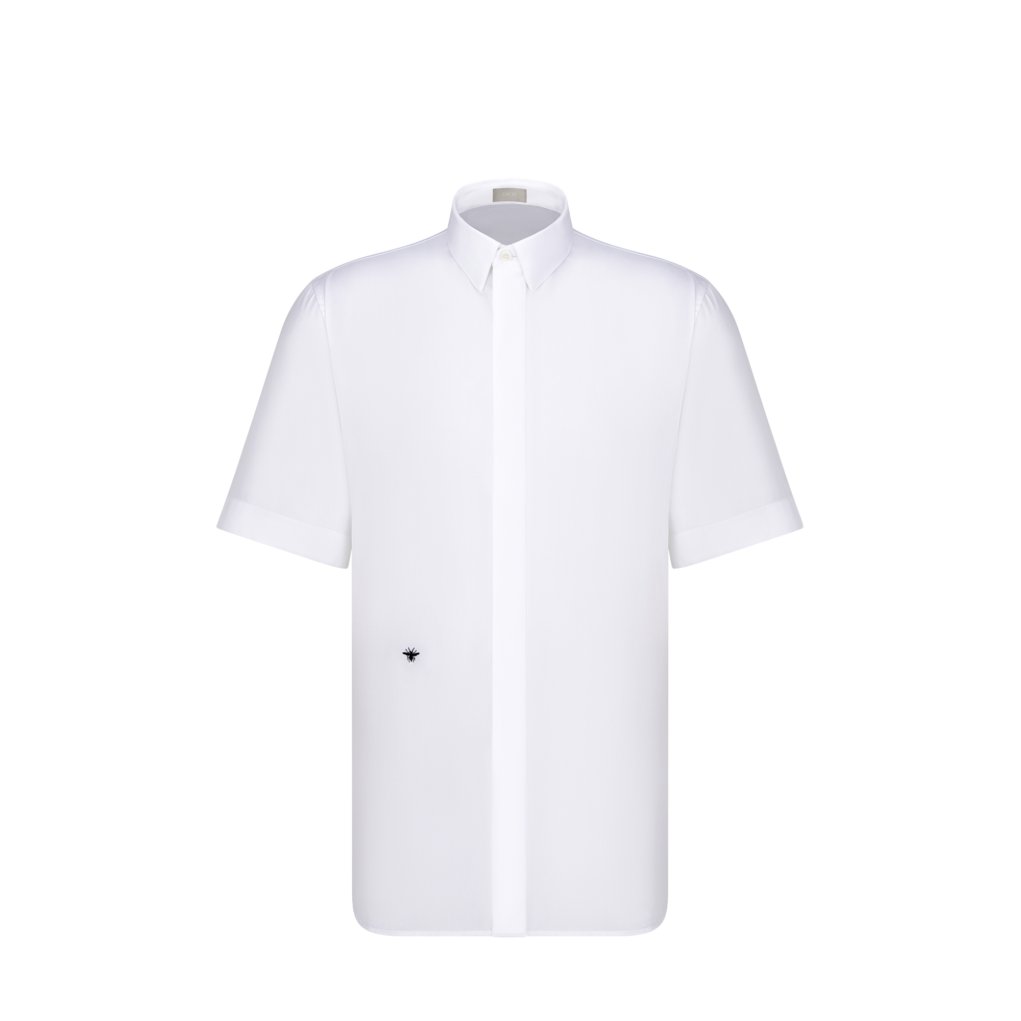 Short-Sleeved Shirt with Black Bee Embroidery White Cotton Poplin E01