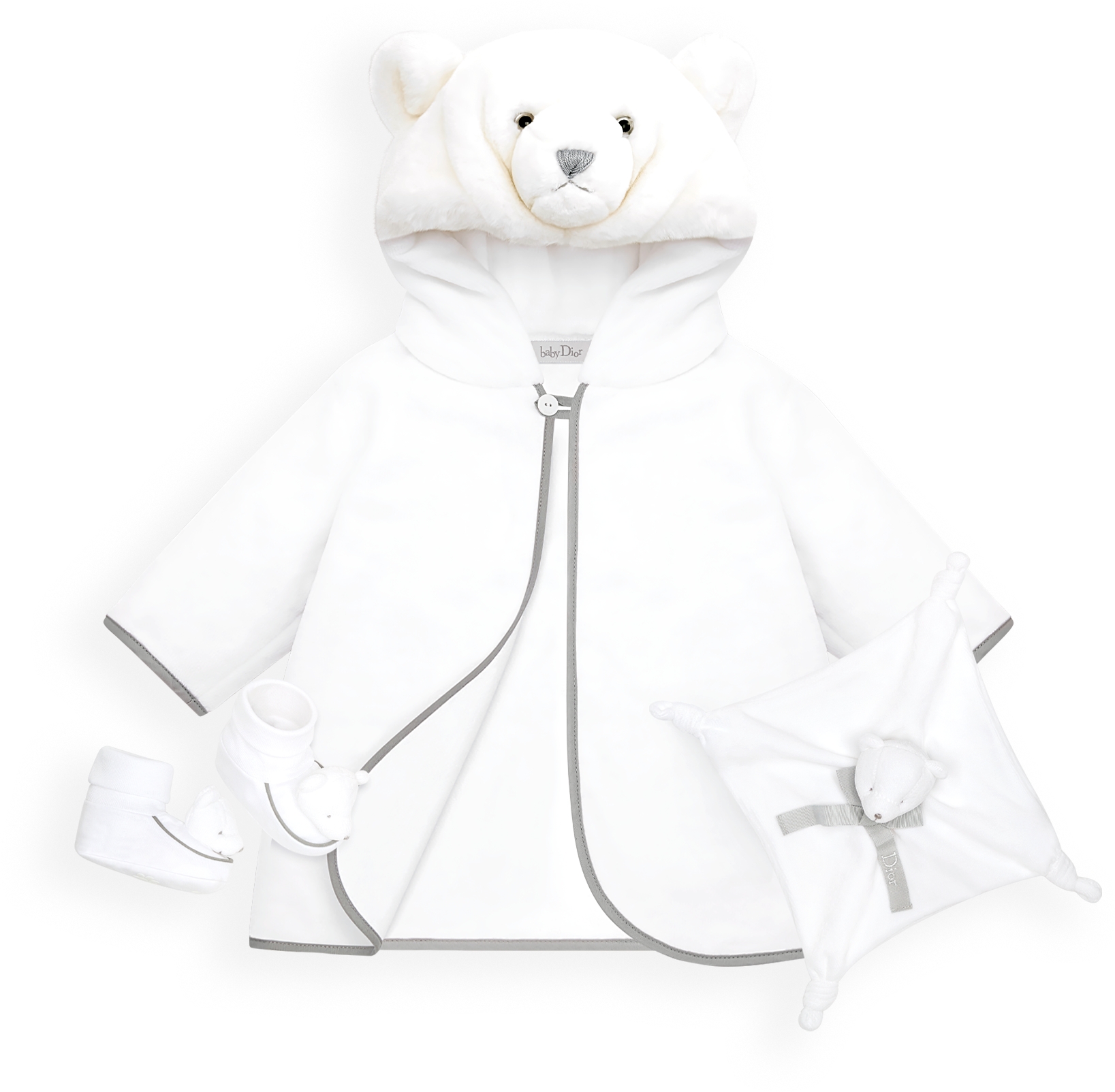 Teddy Bear Newborn Gift Set White Faux Fur Cotton Interlock and Velvet Terry Knit DIOR