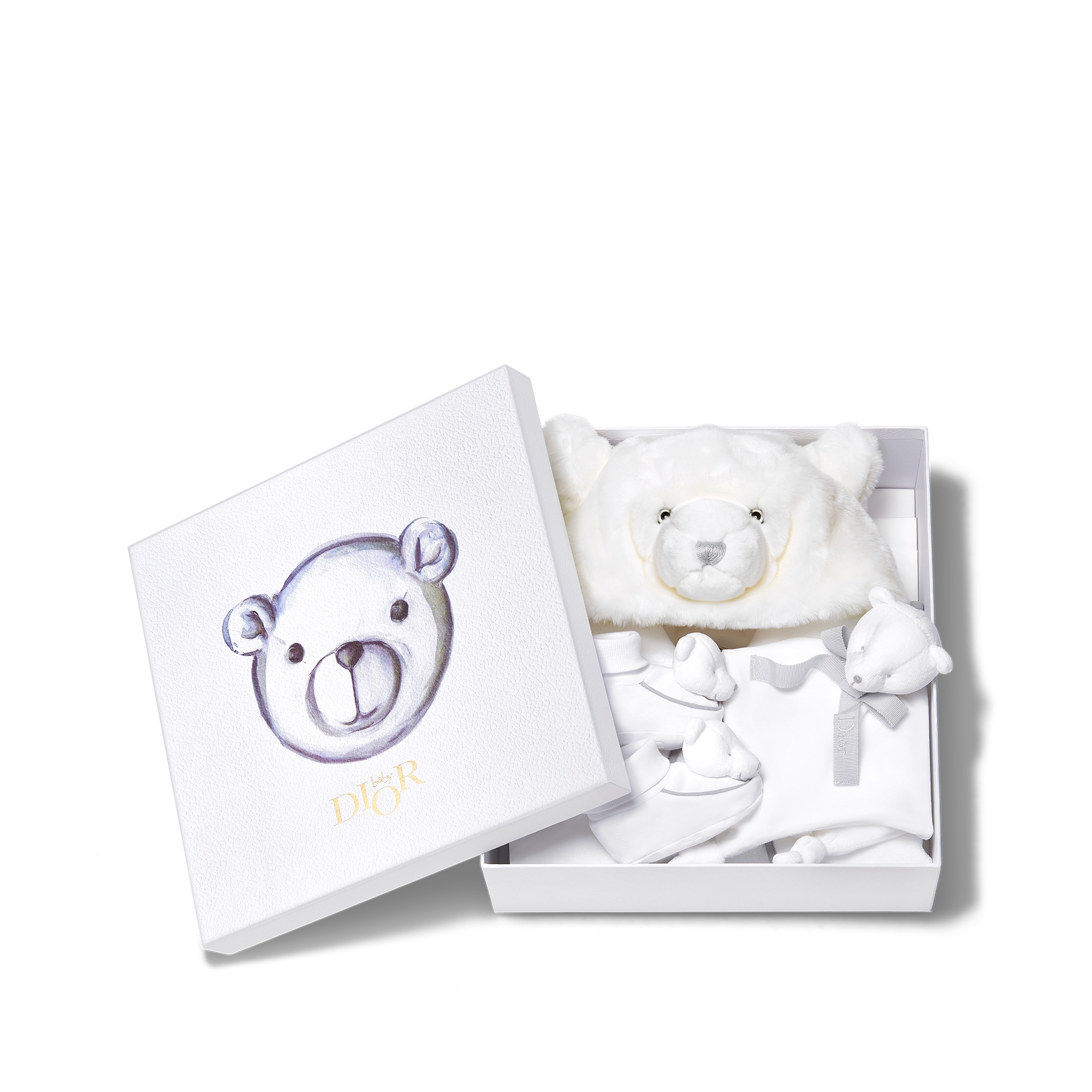 طقم هدايا دمية الدب لحديثي الولادة فرو صناعي باللون الأبيض، وقماش إنترلوك قطني، وقماش تيري محبوك مخملي E11