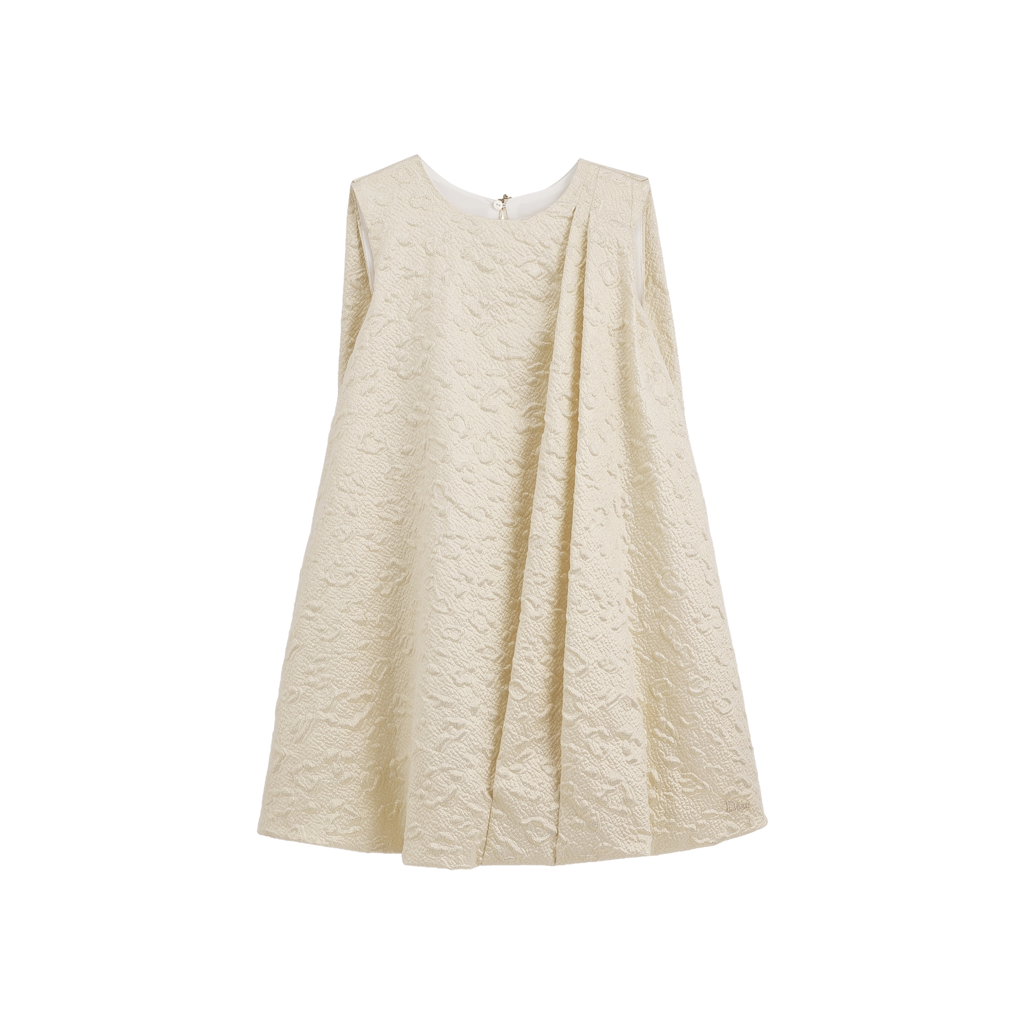 Kids' A-Line Dress Ivory Cloqué Jacquard with Pale Gold-Tone Mizza Motif E01