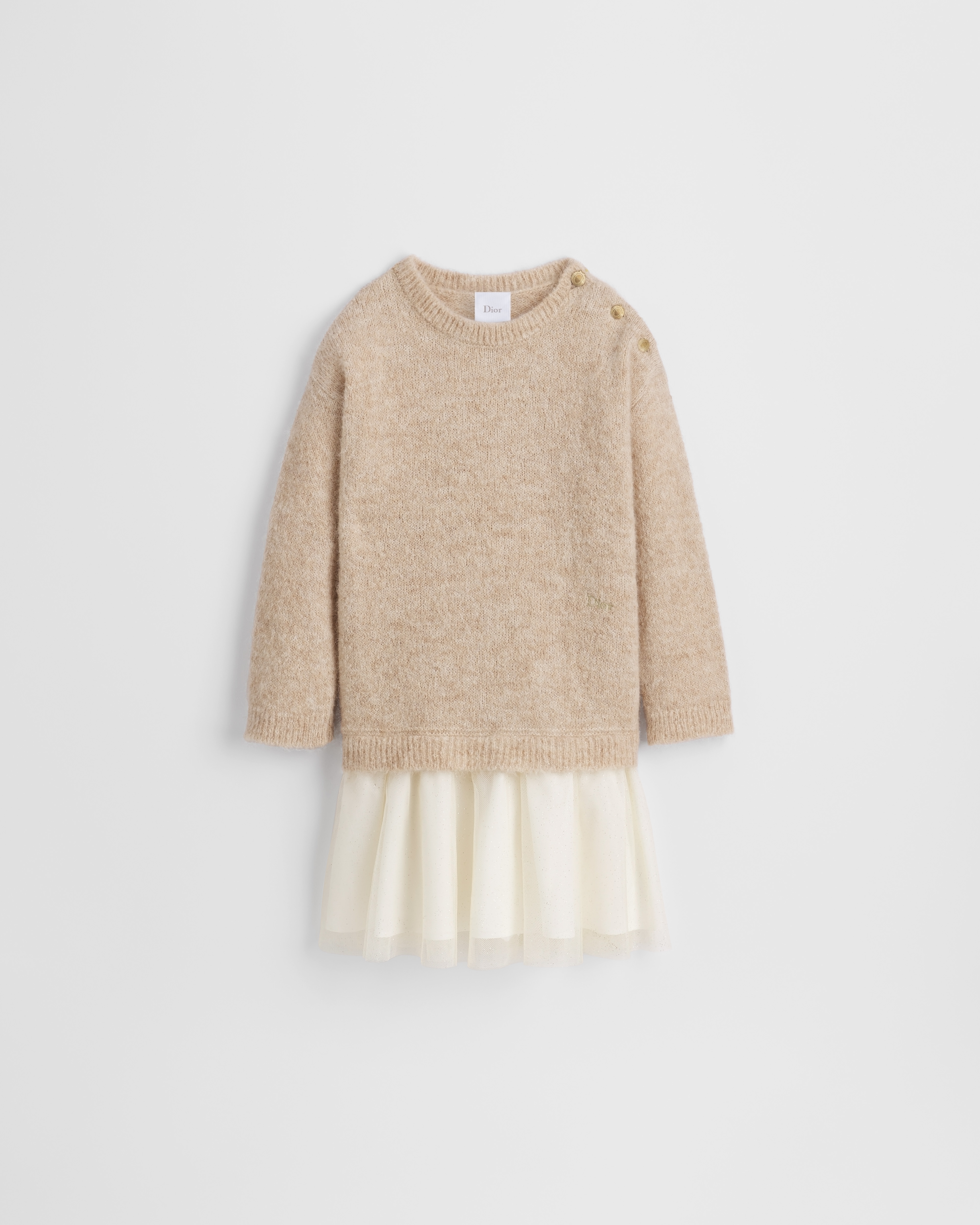 Kids' Flared Dress Beige Alpaca Mouliné Knit with Ivory and Pale Gold-Tone Glitter Tulle E01
