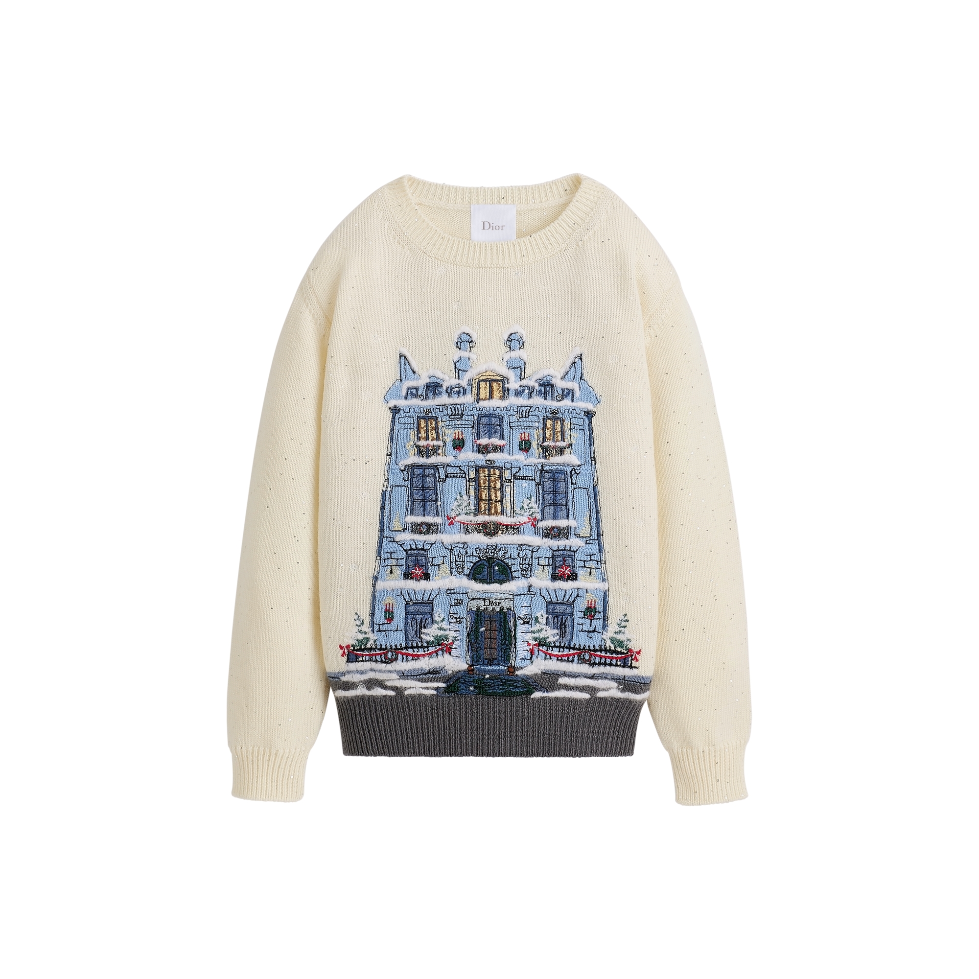 Kids' Sweater White Wool-Cashmere Knit with Multicolor Noël à Montaigne Motif E01