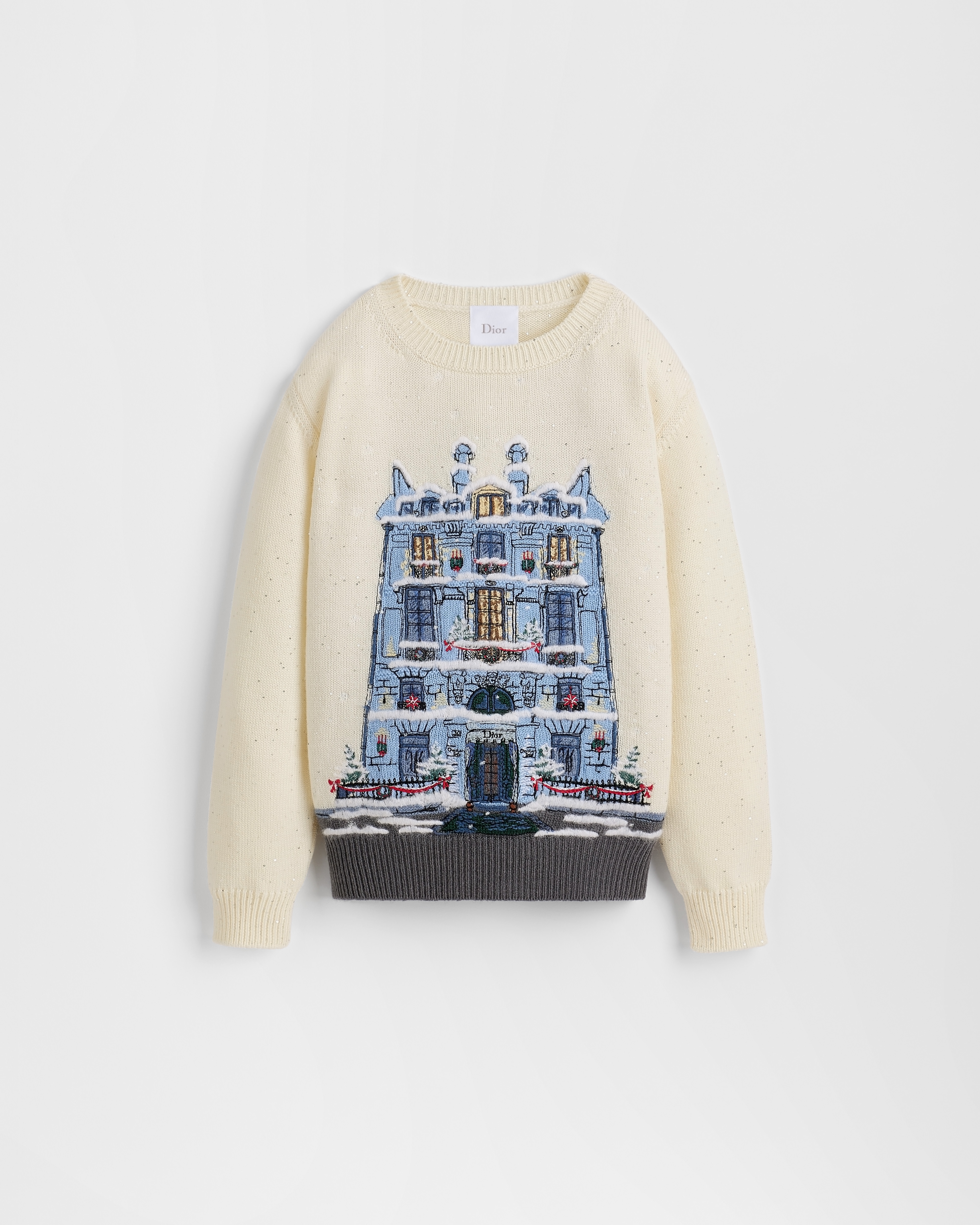 Kids' Sweater White Wool-Cashmere Knit with Multicolor Noël à Montaigne Motif E01