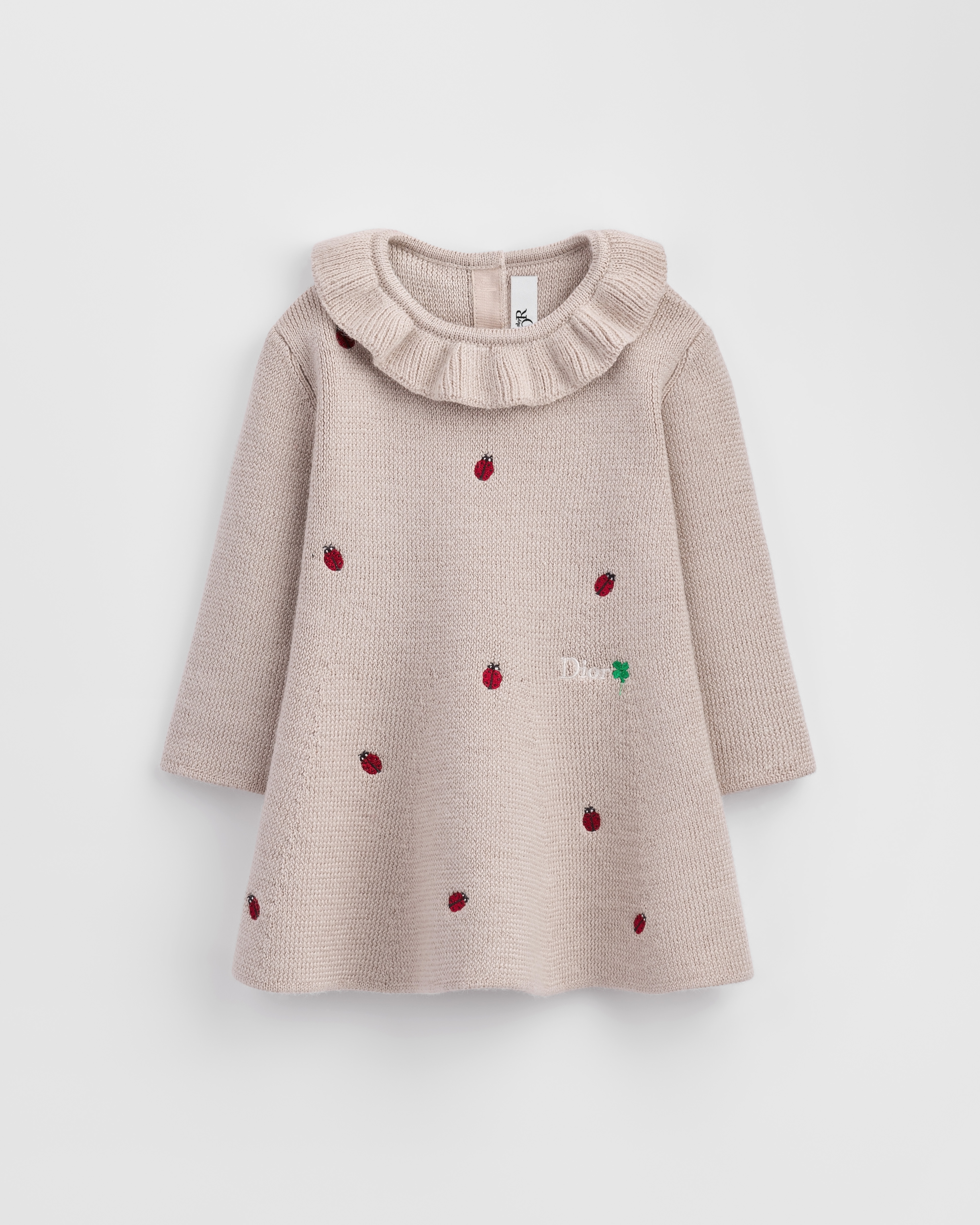 Skaterkleid für Babys Mouliné-Strick aus Alpakawolle, Wolle und Seide in Beige mit Marienkäferstickerei in Rot E01