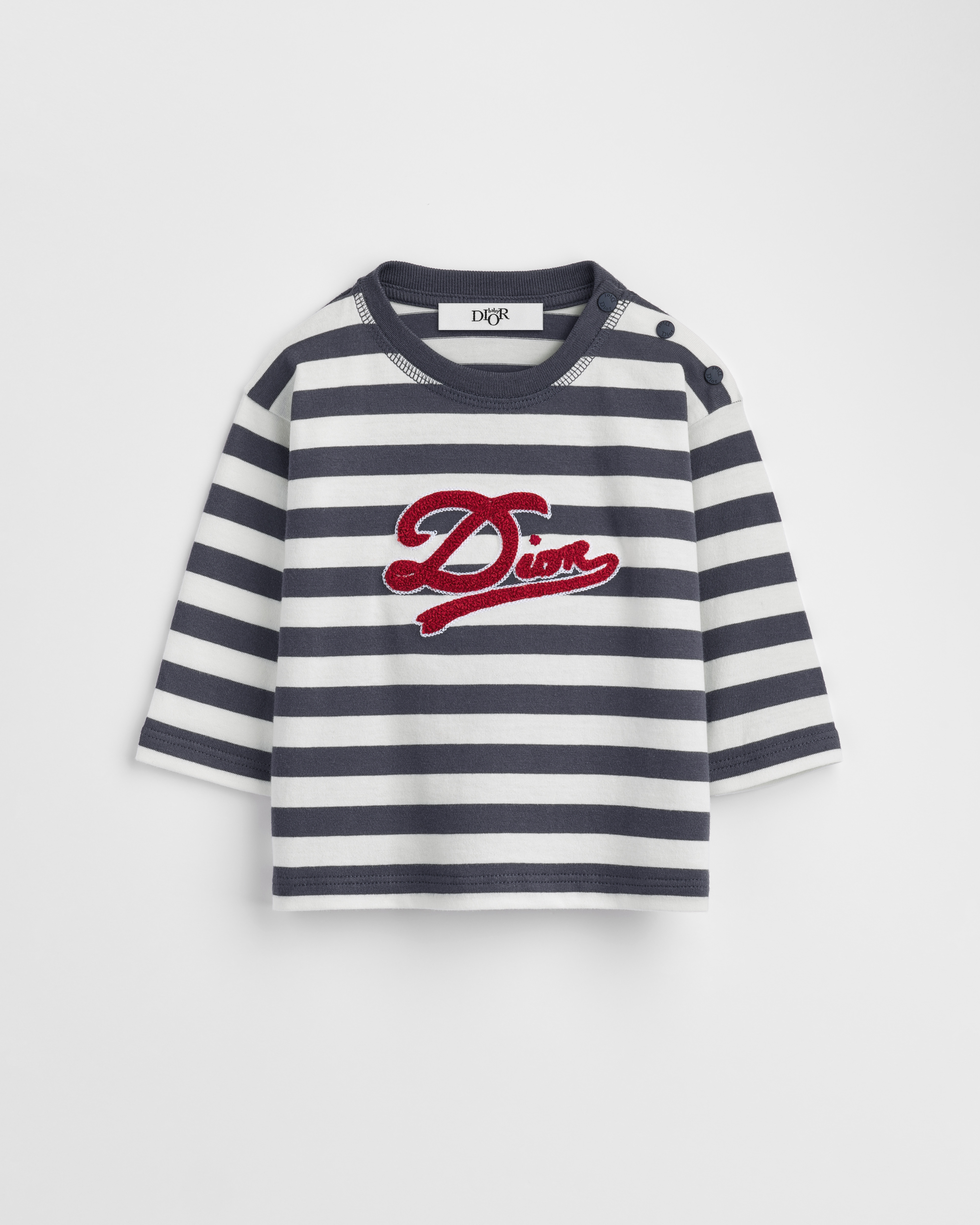 Baby Long-Sleeved T-Shirt White and Navy Blue Striped Cotton Jersey E01