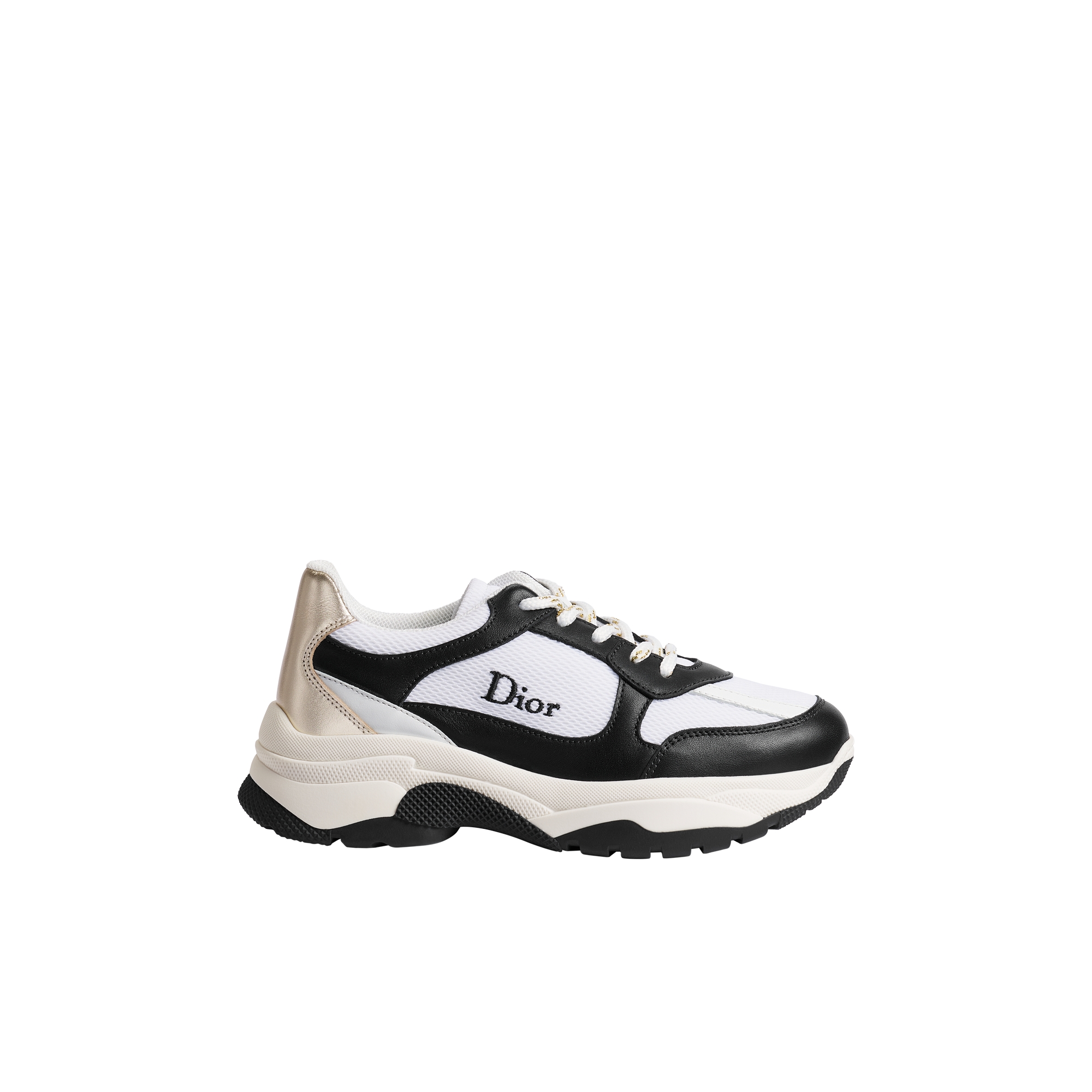 Kids' Low-Top Sneaker Black and Gold-Tone Calfskin with White Mesh E02