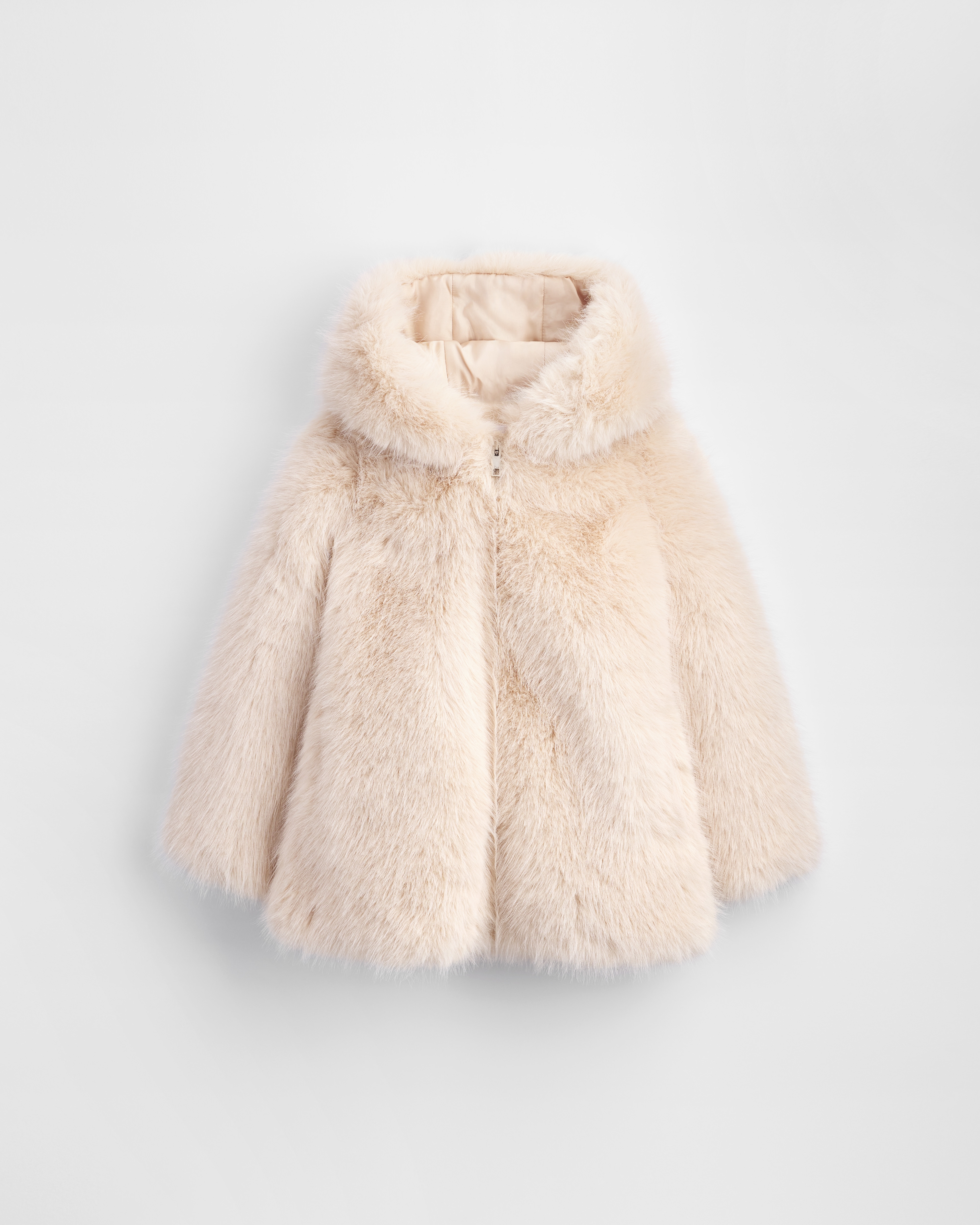 Kids' Hooded Coat Ivory Faux Fur E01