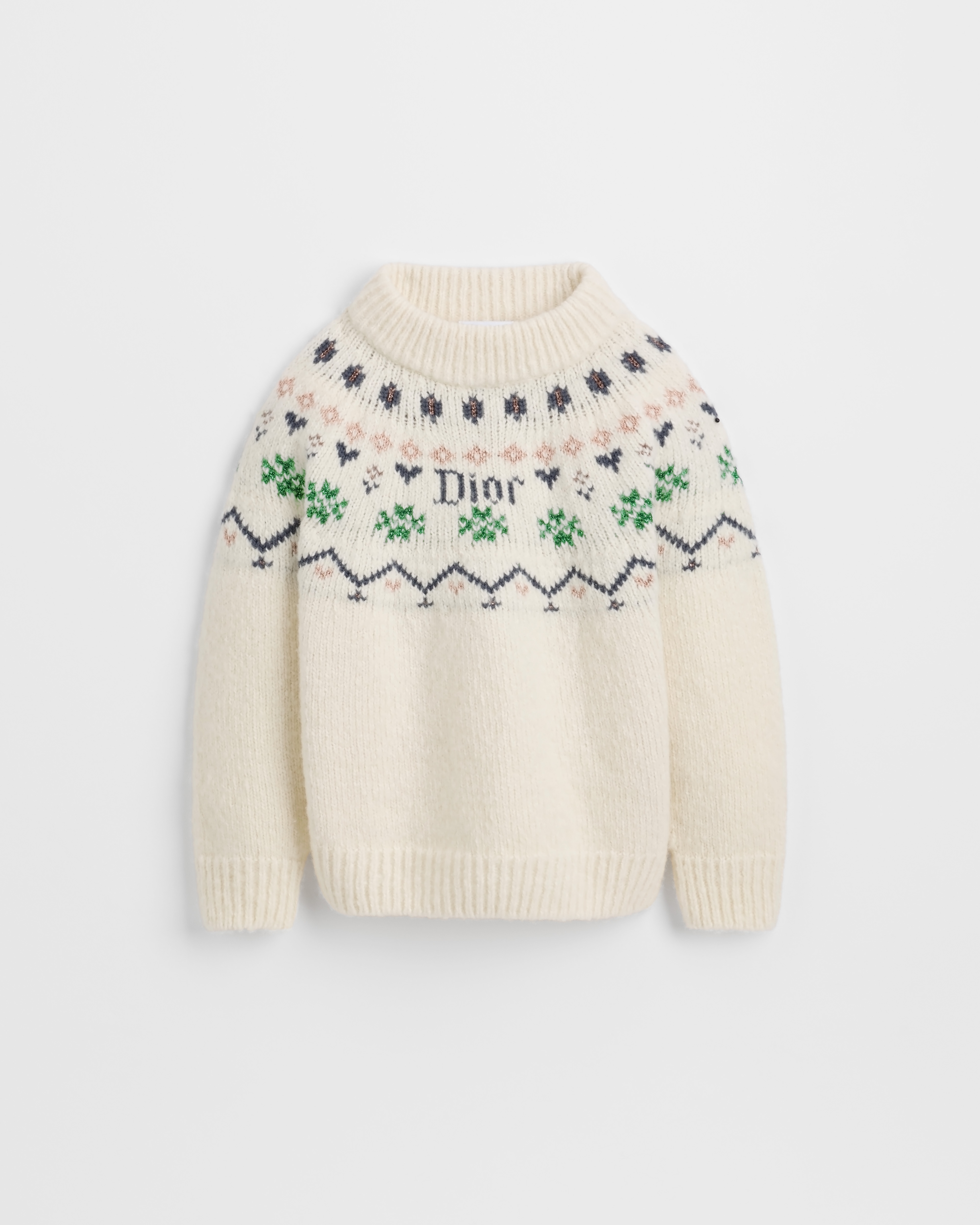 Kids' Sweater Light Beige Wool-Cotton-Blend Mouliné Knit with Multicolor Fair Isle Motif E01