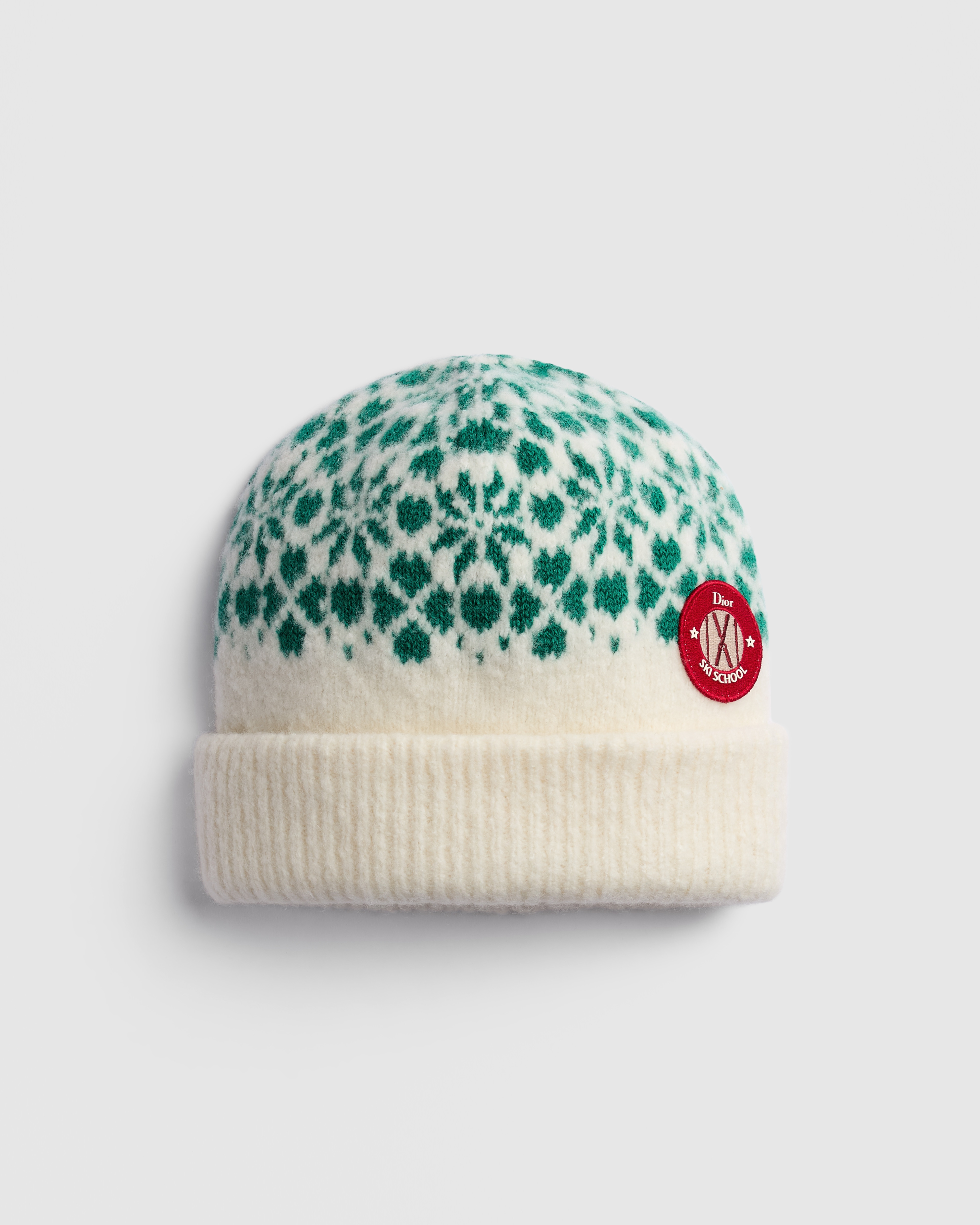 Kids' Beanie Ivory Wool and Cashmere Knit with Green Jacquard Clovers E01