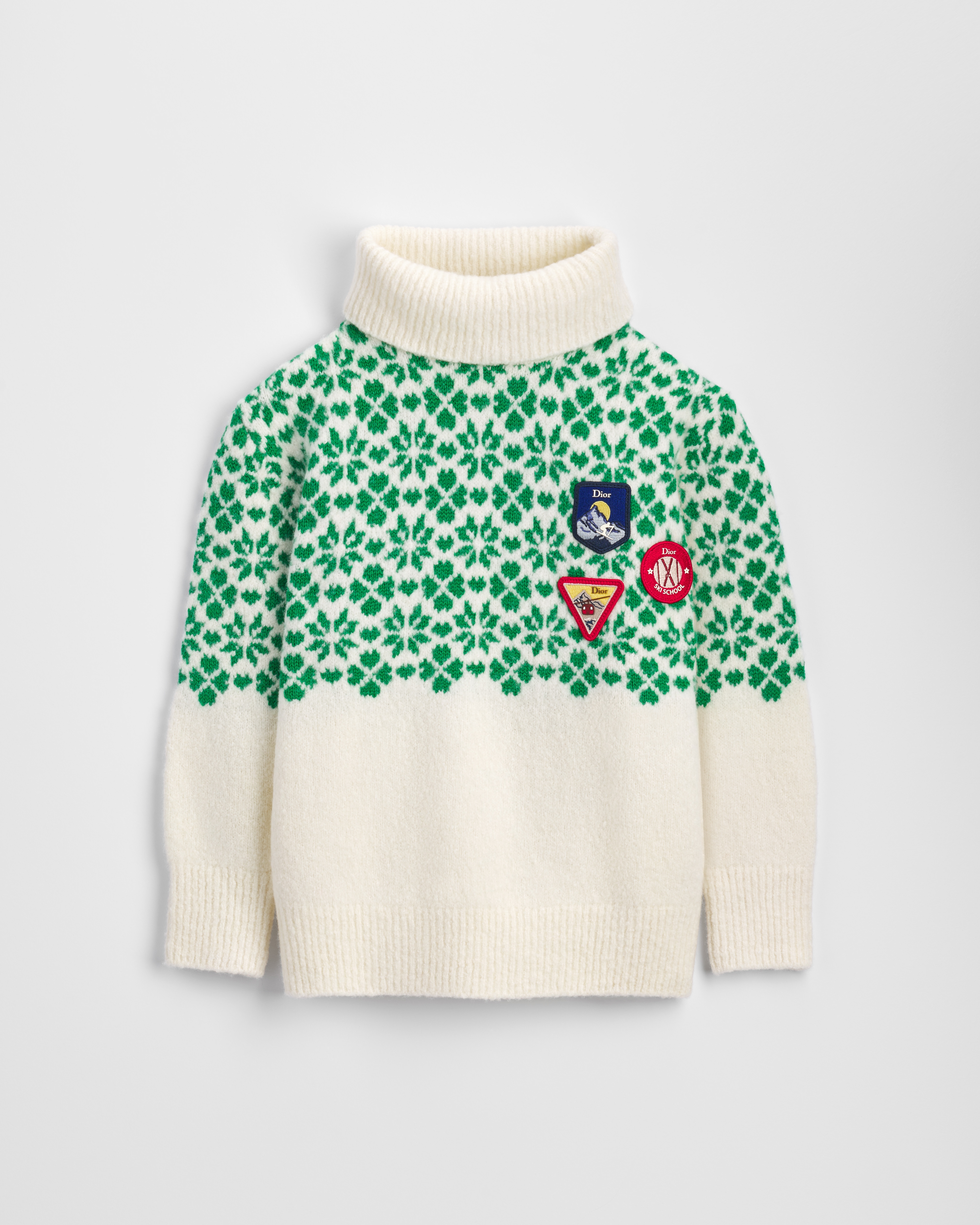 Kids' Sweater Ivory Wool and Cashmere Knit with Green Jacquard Clovers E01