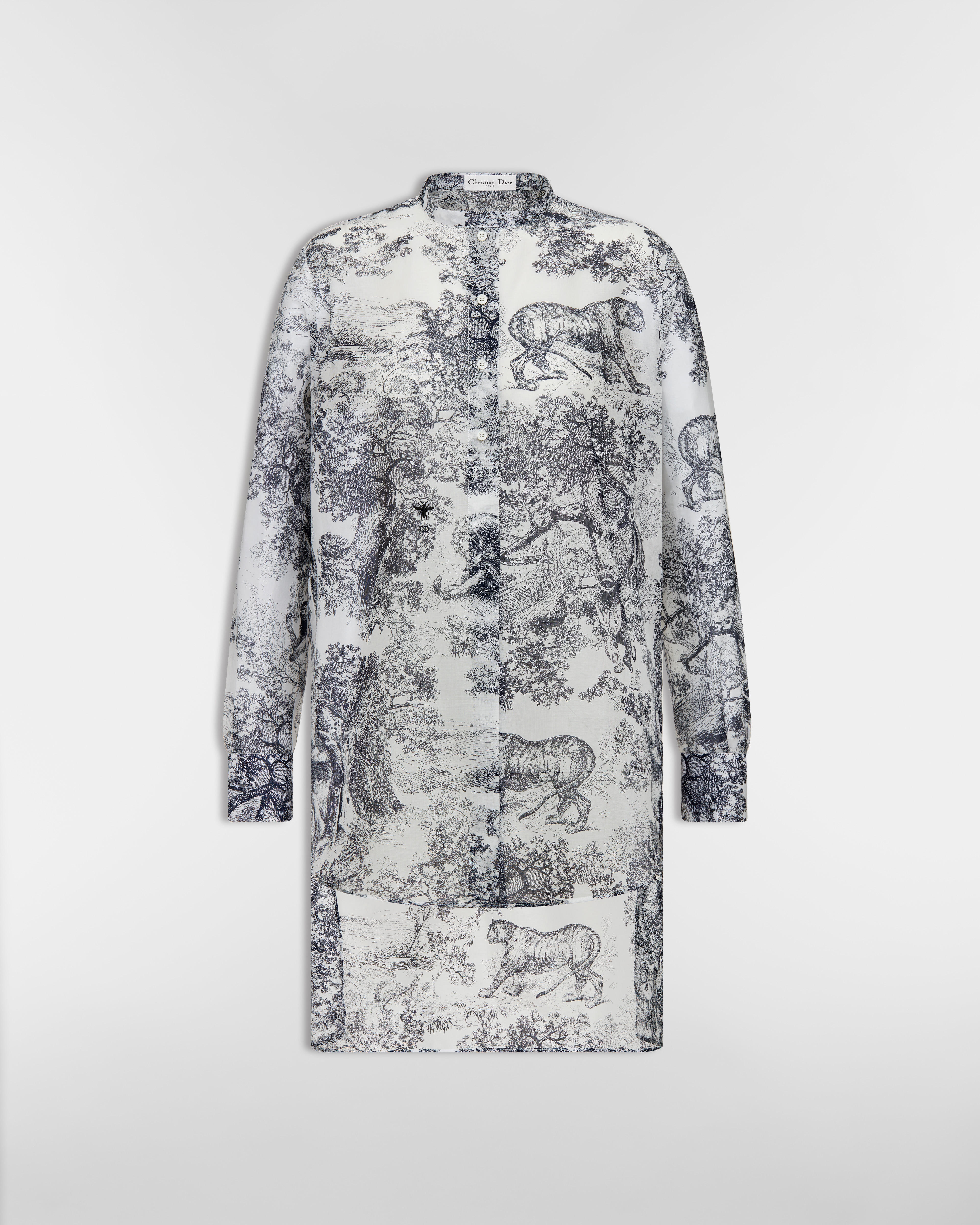 เสื้อเบลาส์ตัวยาว ผ้าฝ้ายป่านสีขาวลาย Toile de Jouy E01